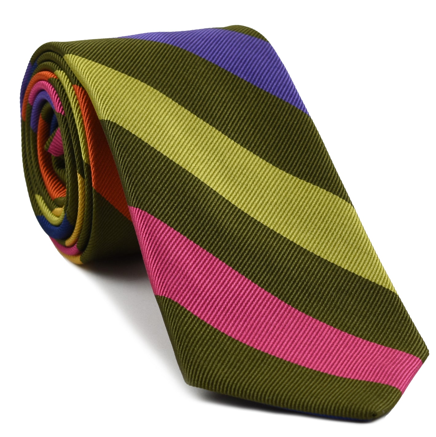 {[en]:Yellow Gold, Lavender, Young Leaf  Green, Fuchsia & Orange on Olive Green Reppe Stripe Silk Tie