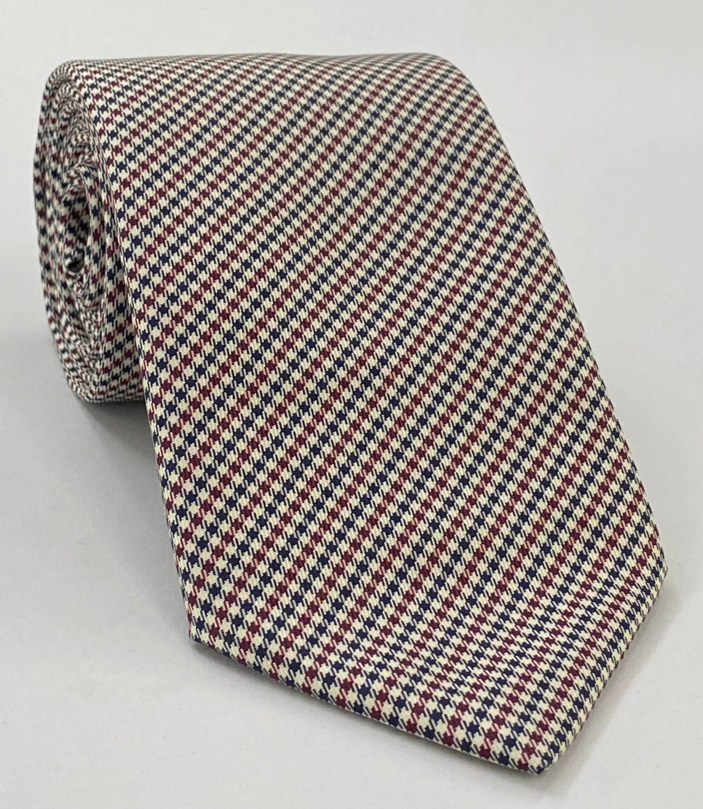 Dark Red, Navy Blue & White Shepherd's Check Silk Tie SCHT-2