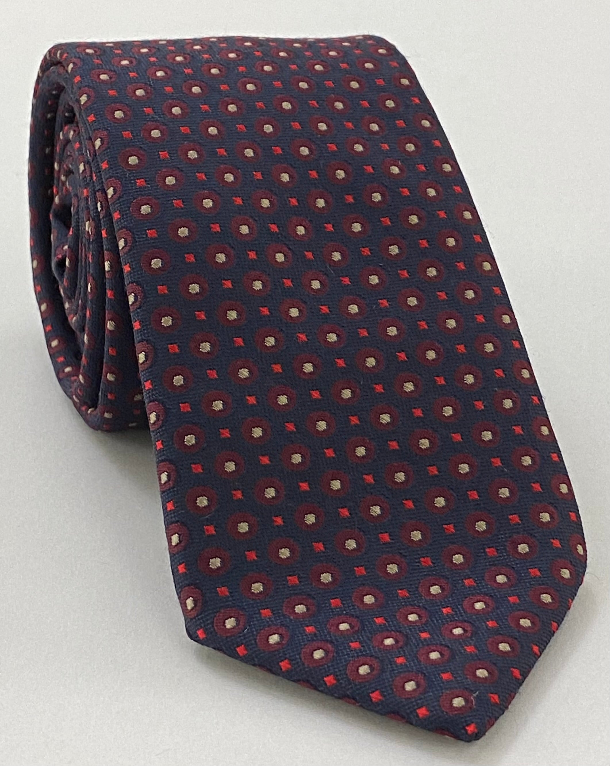 Dark Red, Silver Brown & Red On Midnight Blue Cashmere/Silk Jacquard Tie SCPT-1