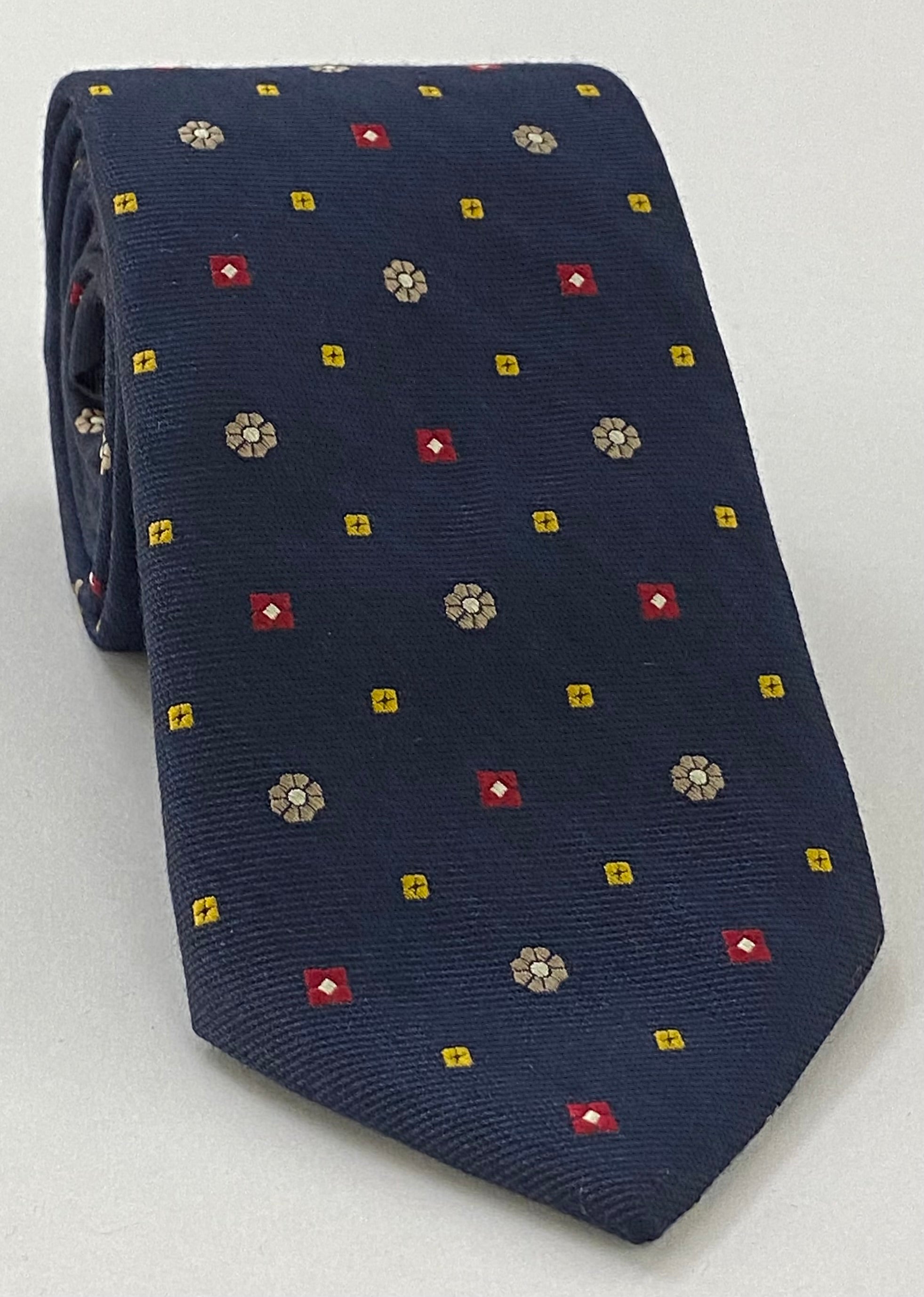 Silver Brown, White, Yellow & Red On Midnight Blue Cashmere/Silk Jacquard Tie SCPT-4