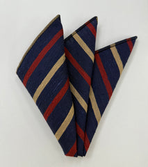 Dark Red & Cream on  Dark Navy Blue Shantung Striped Silk Pocket Square #SHSTP-2