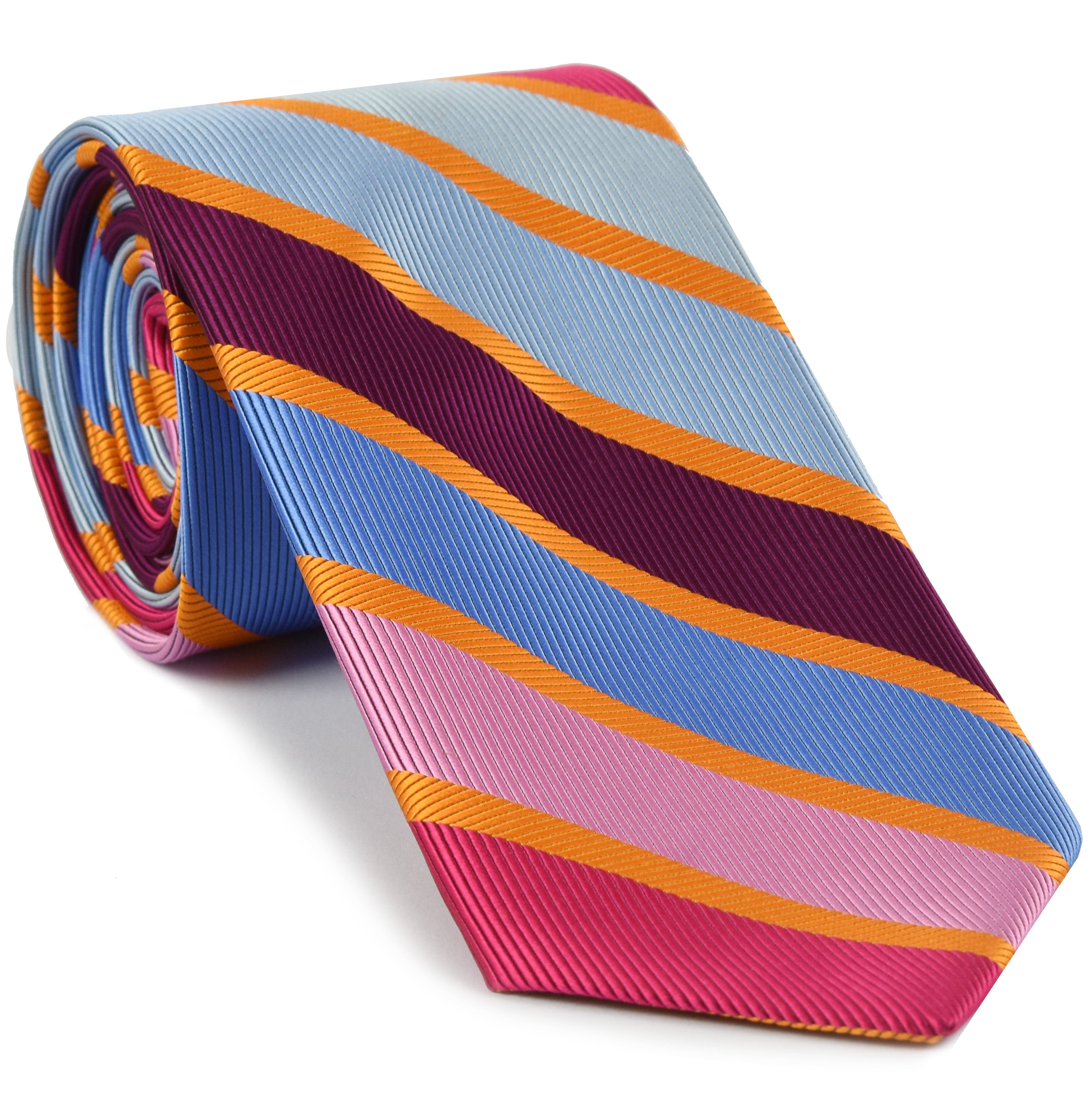 Light Blue, Mandarin, Fuchsia, Sky Blue, Pink & Purple English Stripe Silk Tie SST-1