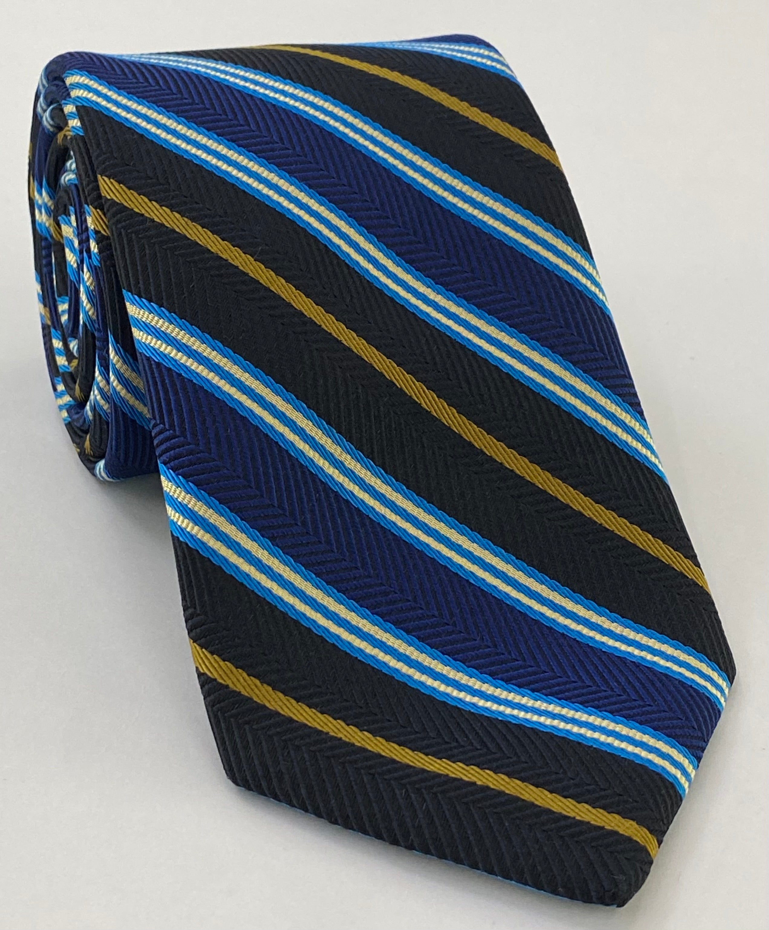 Light Blue, Off White & Gold on Black & Navy Blue Striped Silk Tie SST-22