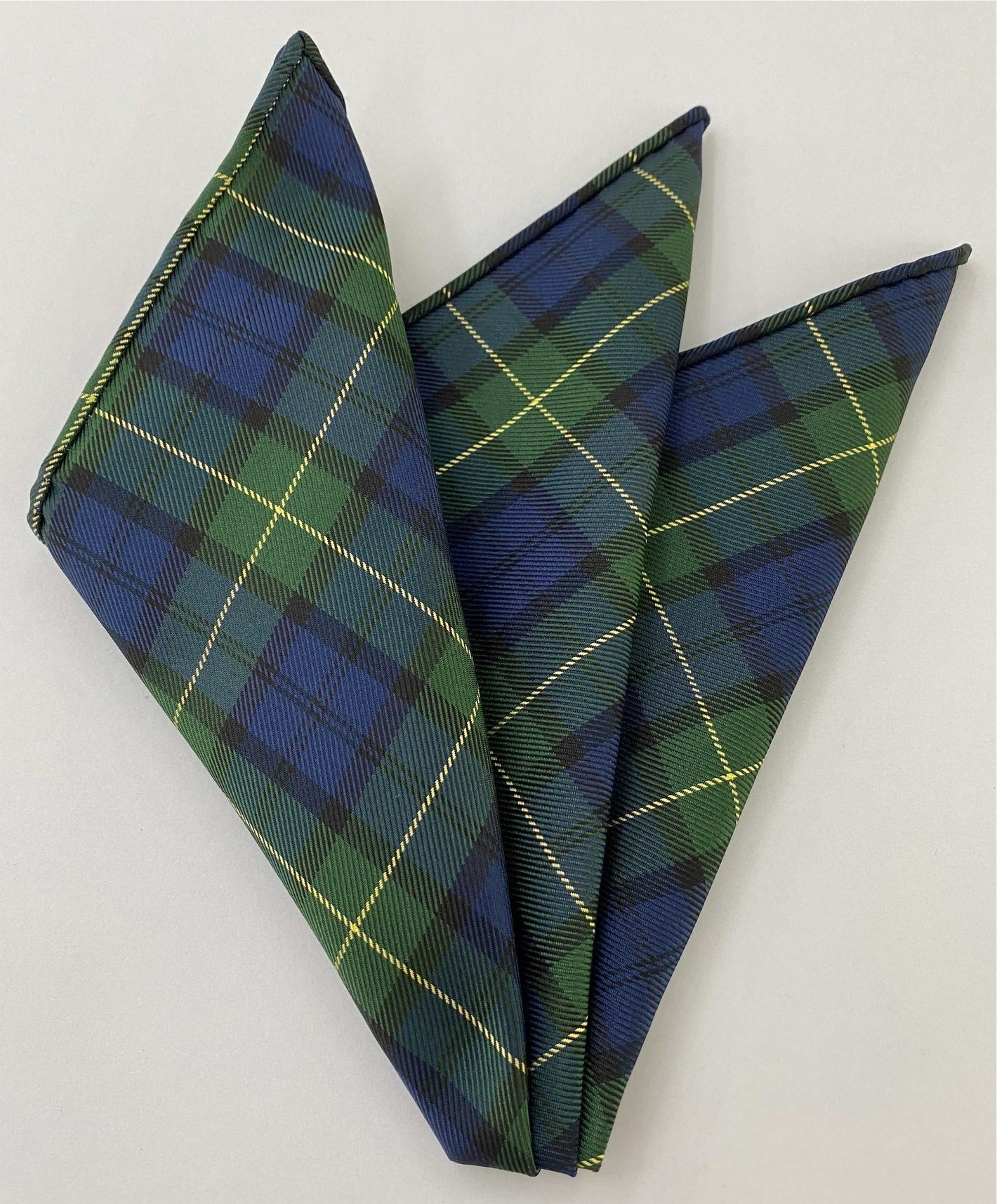 포브스 타탄 실크 포켓 스퀘어 #TAP-9 다크 네이비 블루, 블랙, 라이트 옐로우 & 포레스트 그린