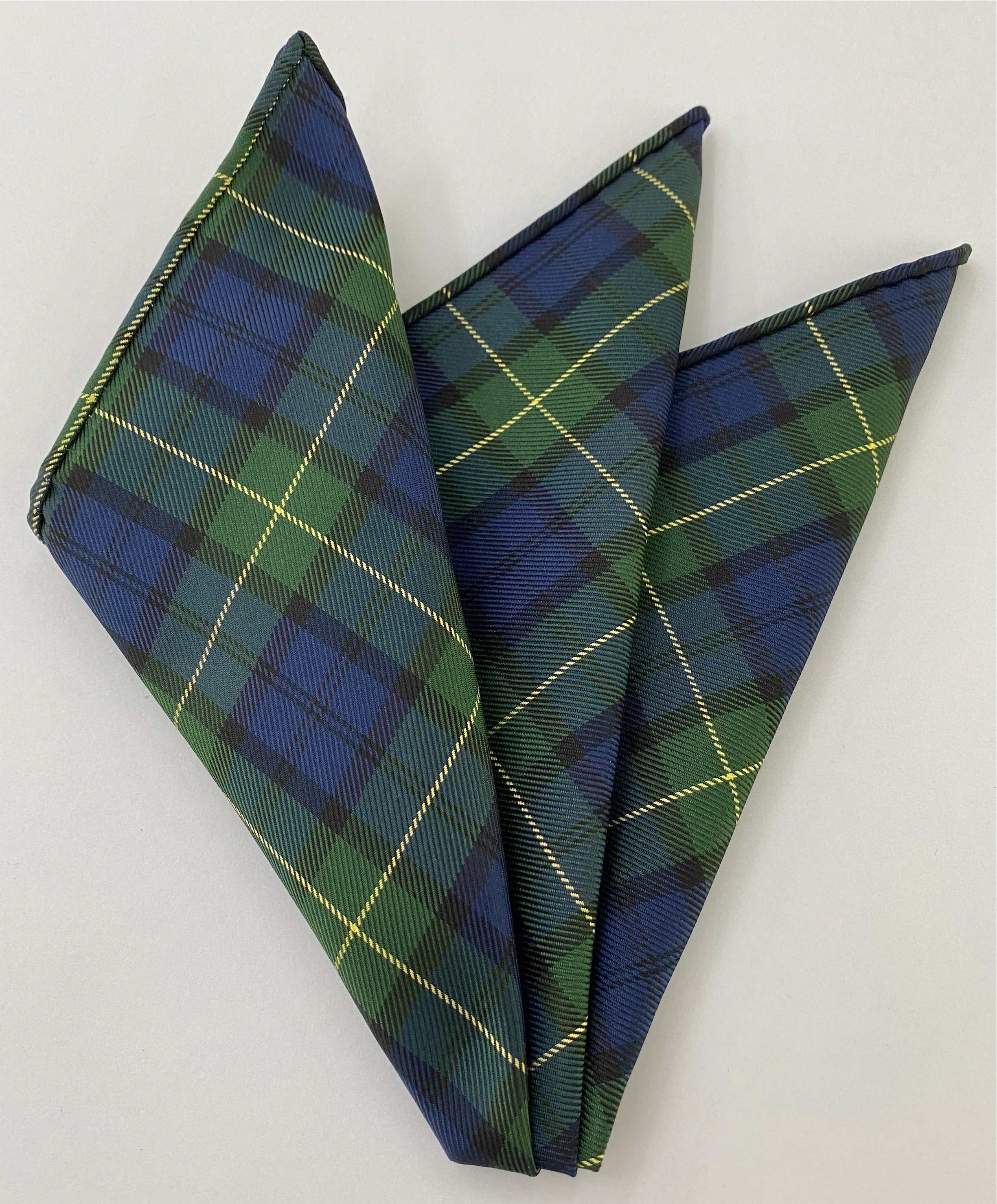 フォーブス タータンシルク ポケットスクエア #TAP-9 ダークネイビーブルー、ブラック、ライトイエロー、フォレストグリーン