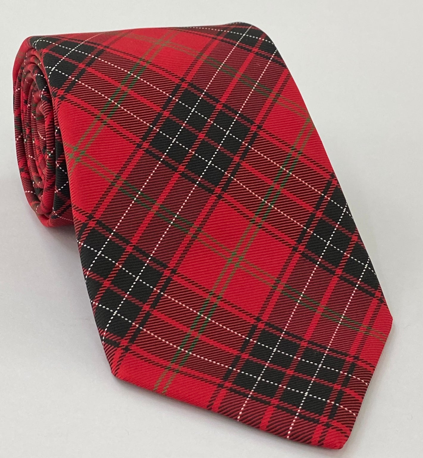 Wemyss 타탄 실크 타이 TAT-1 블랙, 화이트 & 포레스트 그린 (다크 레드)