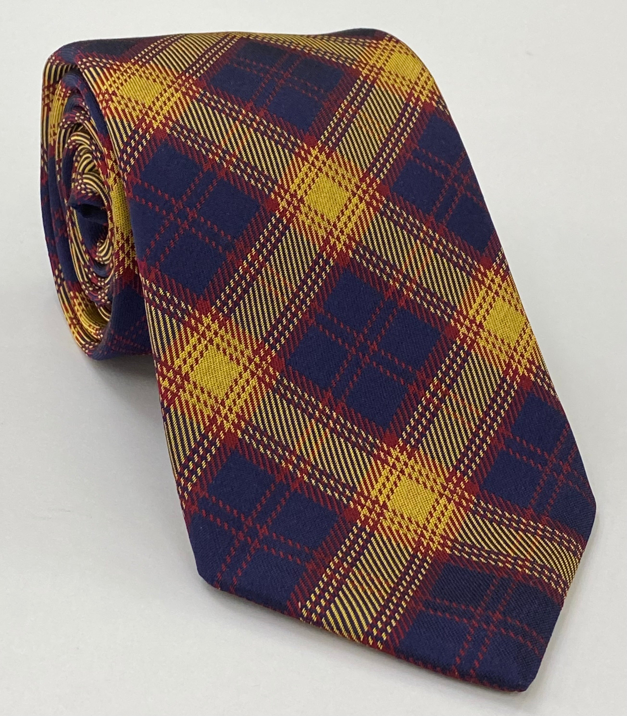 Navy Blue, Dark Red & Yellow Gold Tartan Silk Tie TAT-18