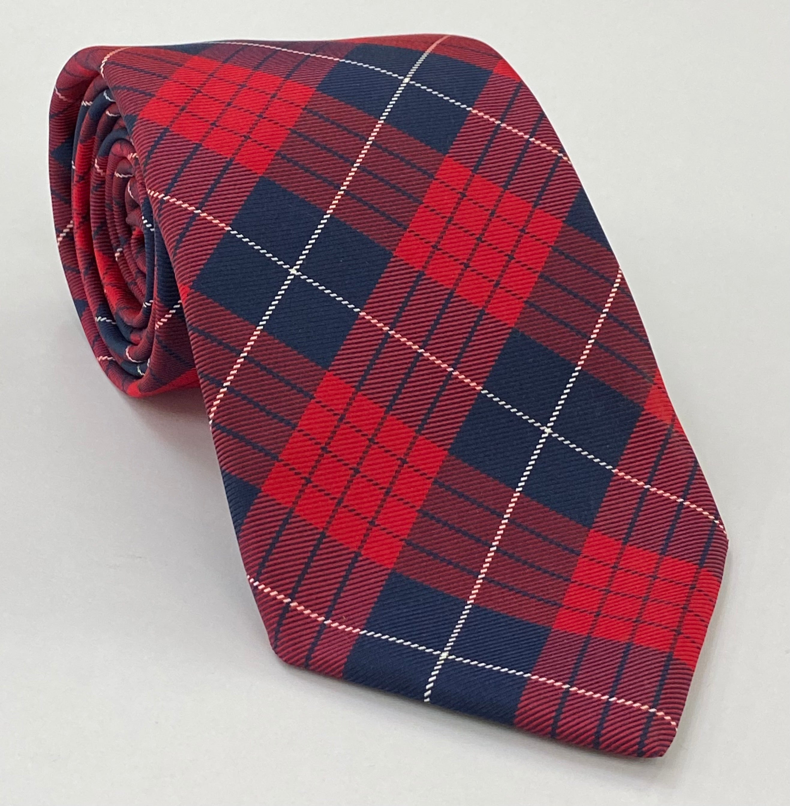 Macqueen Tartan Silk Tie TAT-2  Navy Blue, White & Red