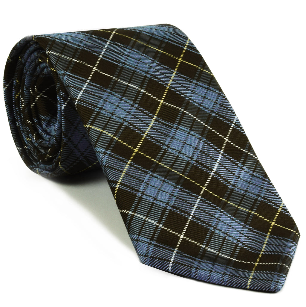 Bruce of Scotland Tartan Silk Tie TAT-5  Sky Blue, White & Light Yellow on Dark Chocolate