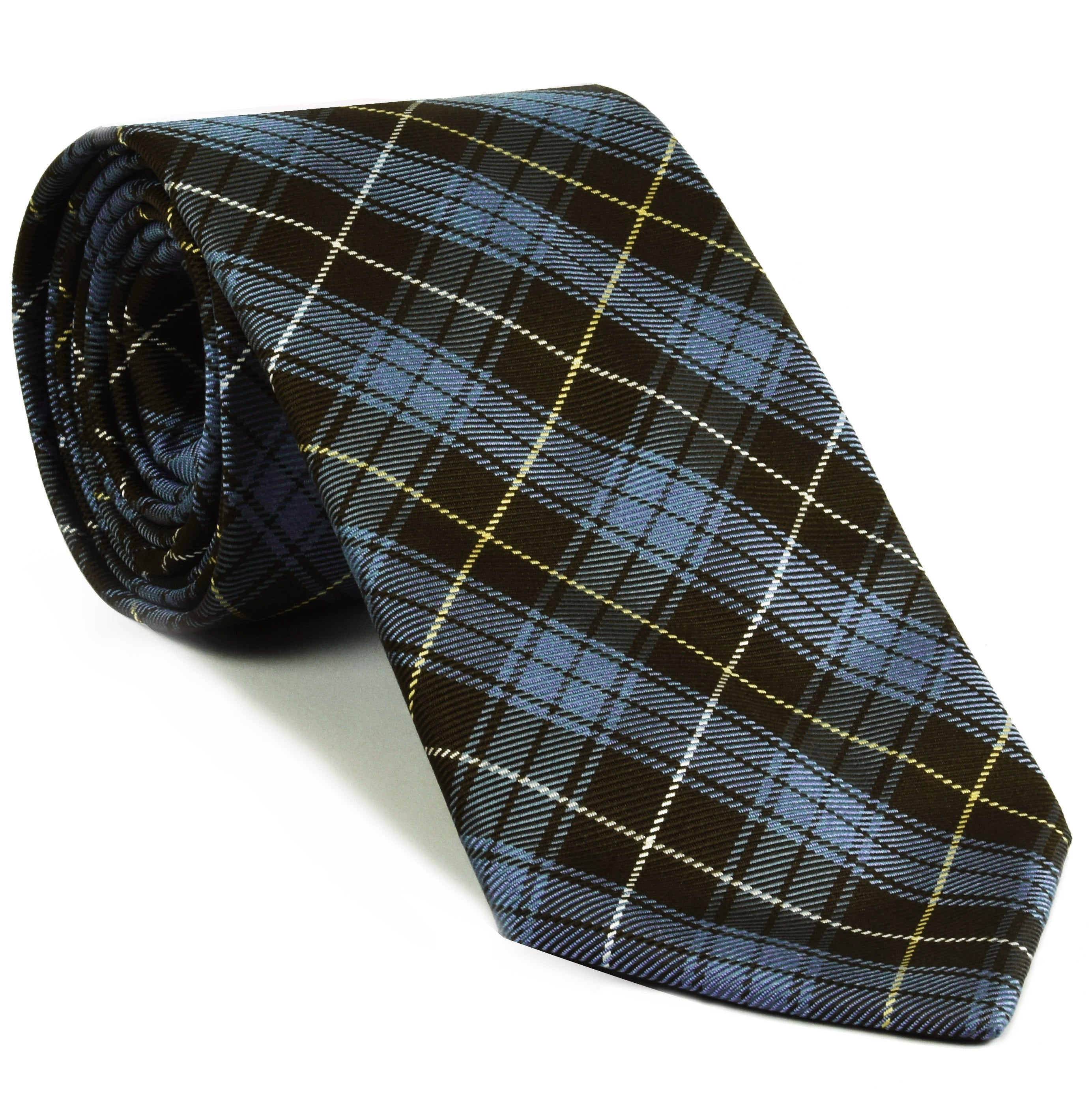 Bruce of Scotland Tartan Silk Tie TAT-5  Sky Blue, White & Light Yellow on Dark Chocolate