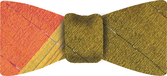 {[en]:Corn Yellow Stripe on Salmon and Dark Yellow With a Thin Metallic Silver Stripe Thai Rough Silk Tie