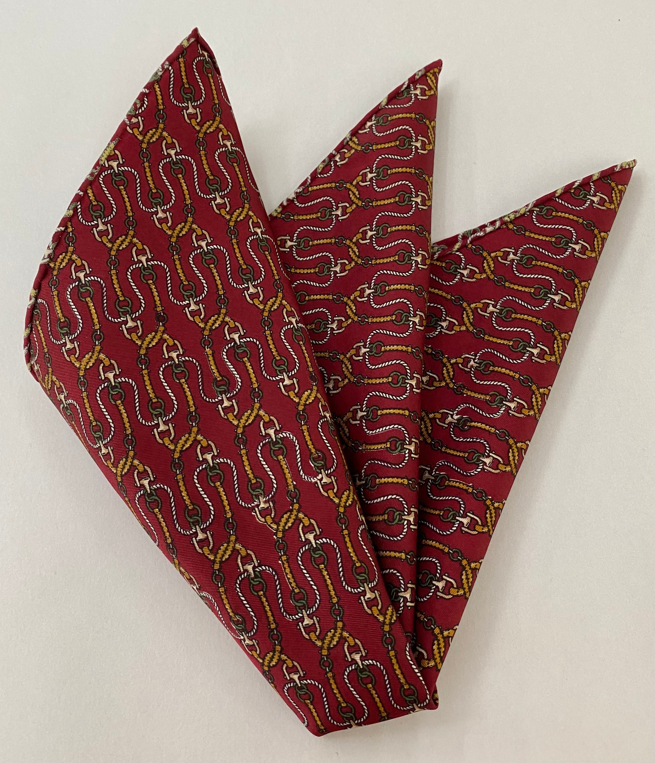 Yellow, White On Maroon Thai Printed Silk Pocket Square TRP-73
