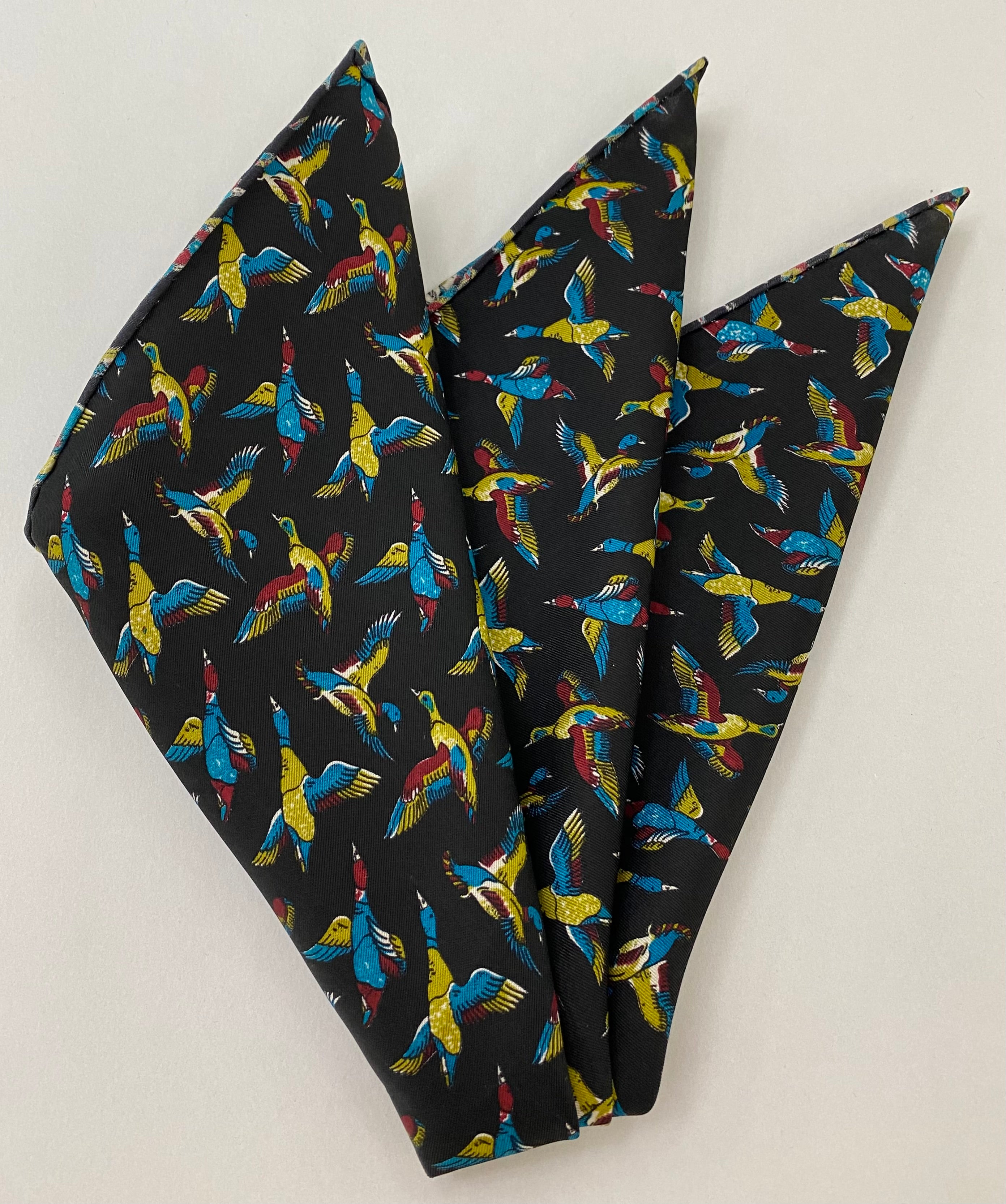 Sky Blue, Yellow, Maroon On Black Thai Printed Silk Pocket Square TRP-74
