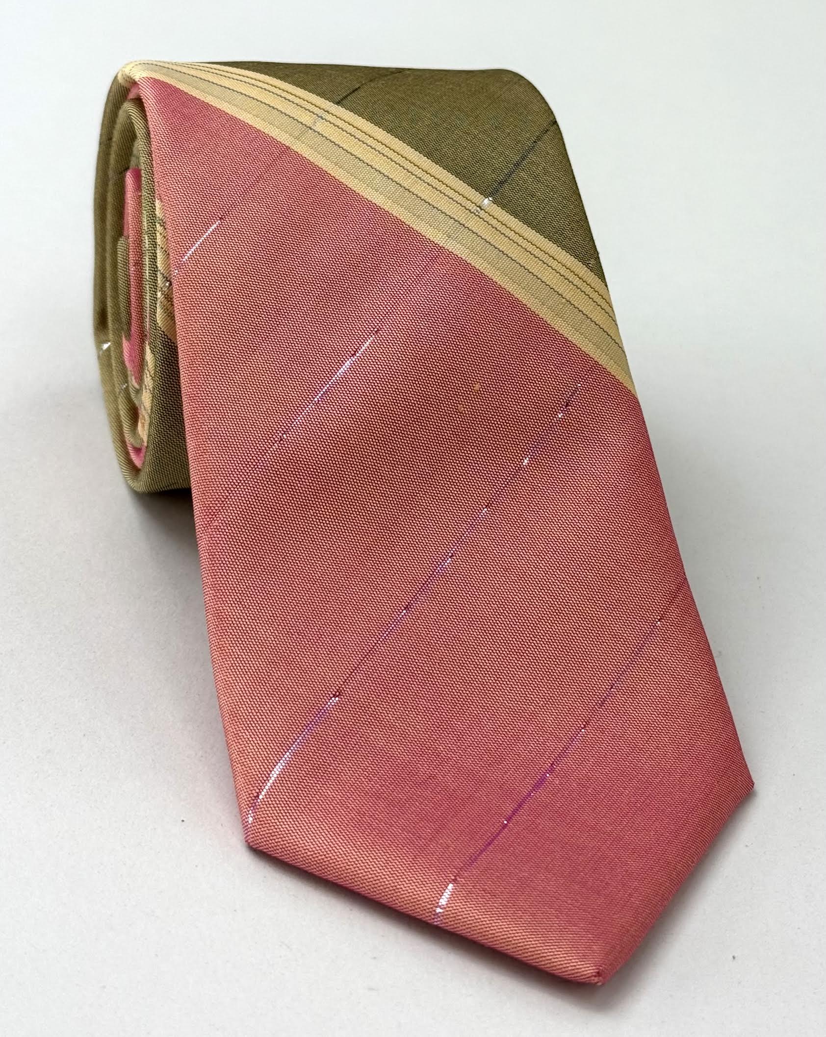 Dark Green, Yellow On Pink Thai Striped Silk Tie TST-28