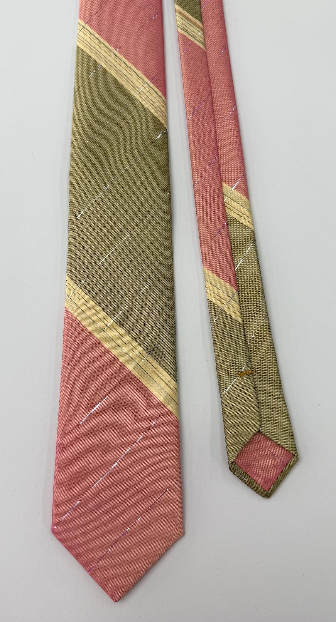 Dark Green, Yellow On Pink Thai Striped Silk Tie TST-28