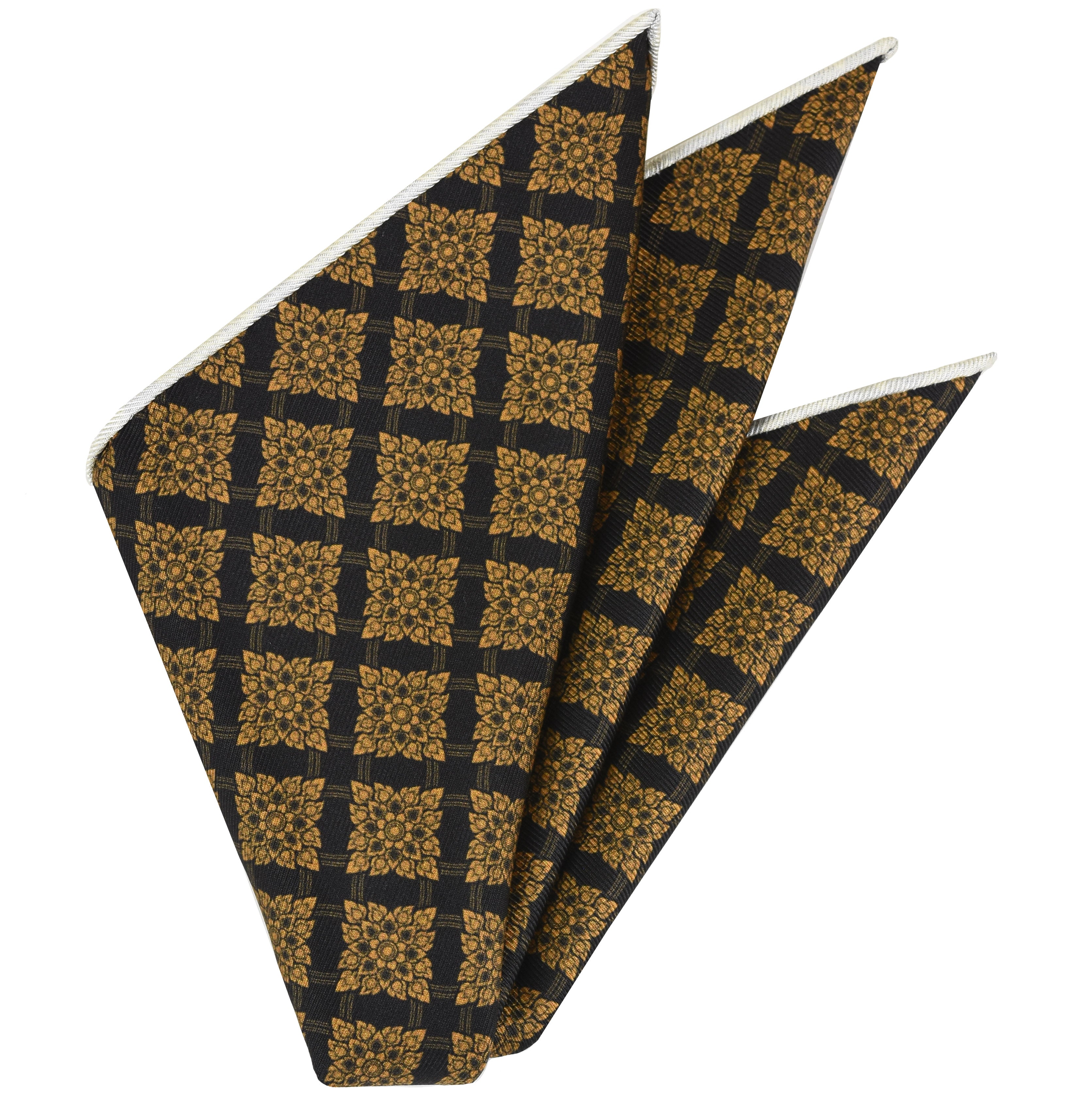 {[en]:Gold on Black Traditional Thai Print Silk Pocket Square