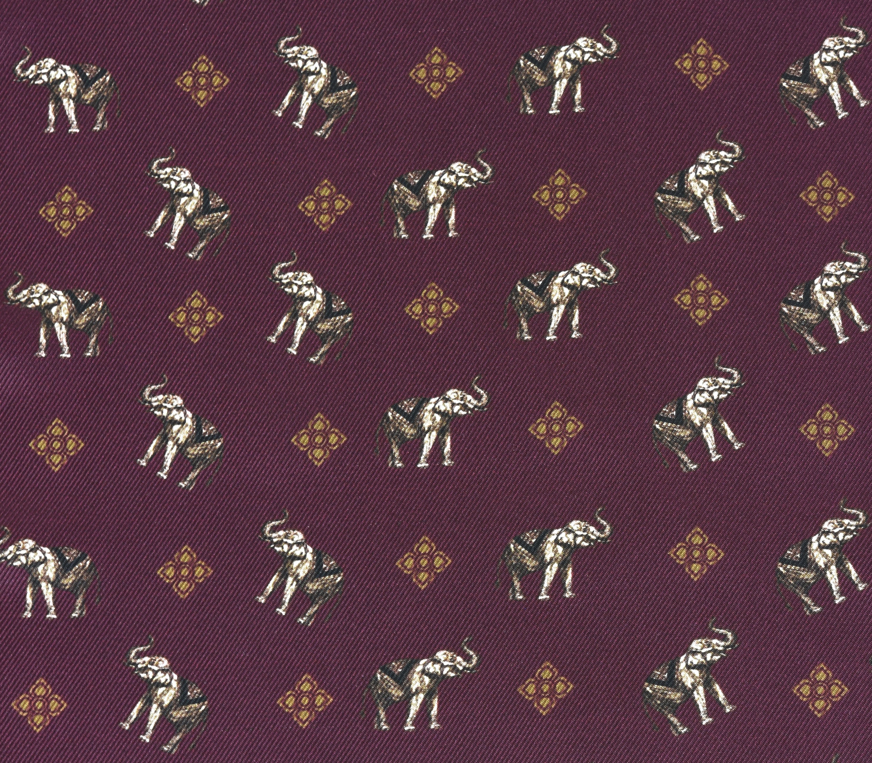 {[en]:Gold, White & Black on Burgundy  Traditional Thai Print Silk Pocket Square