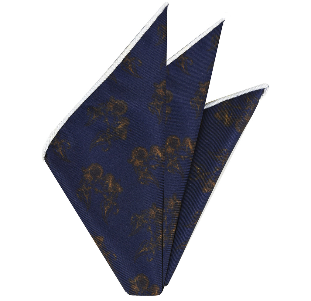 {[en]:Dark Gold on Dark Navy  Traditional Thai Print Silk Pocket Square