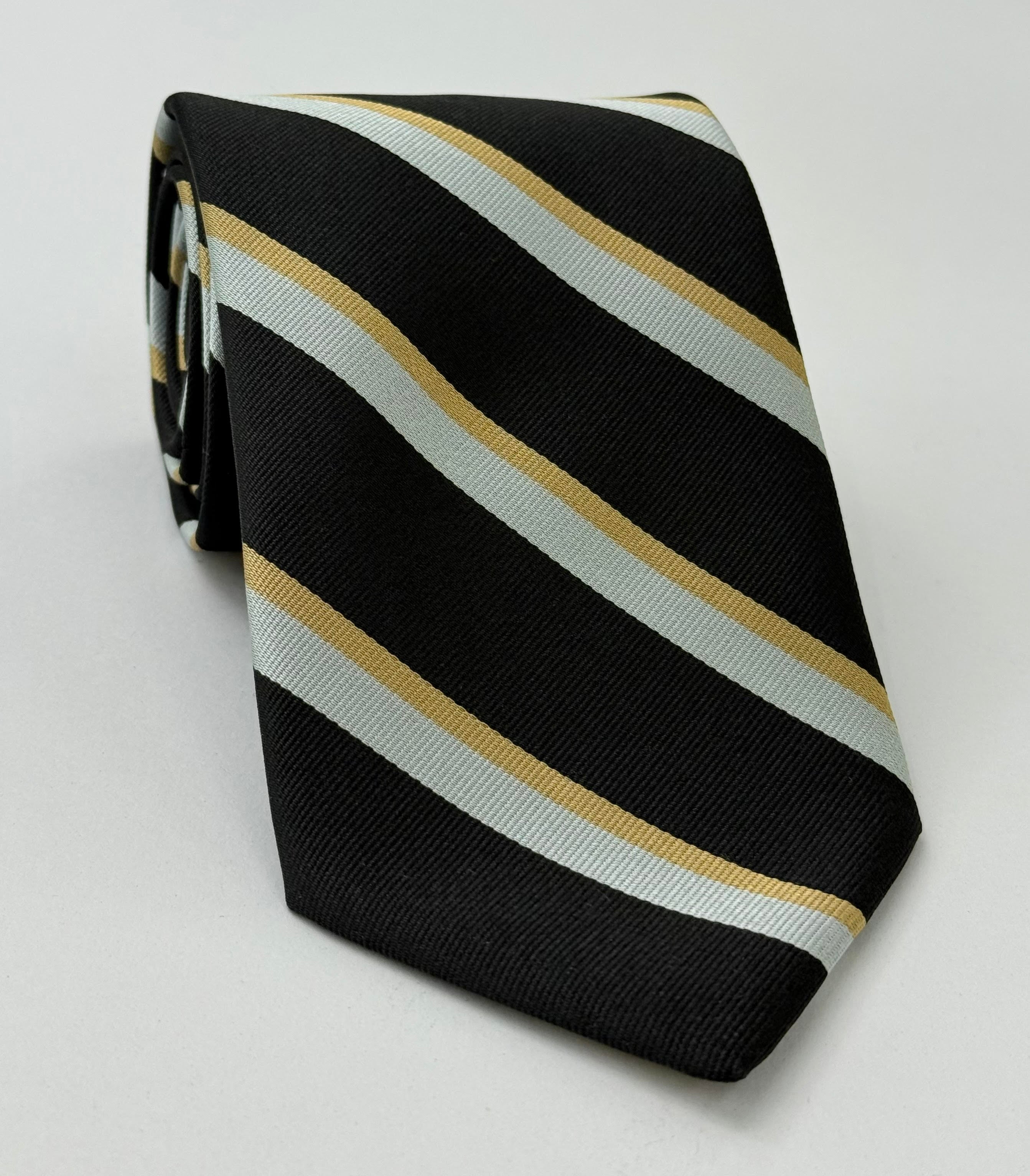 Wadham College, Oxford Stripe Silk Tie UKU-43 Silver White & Soft Gold on Black