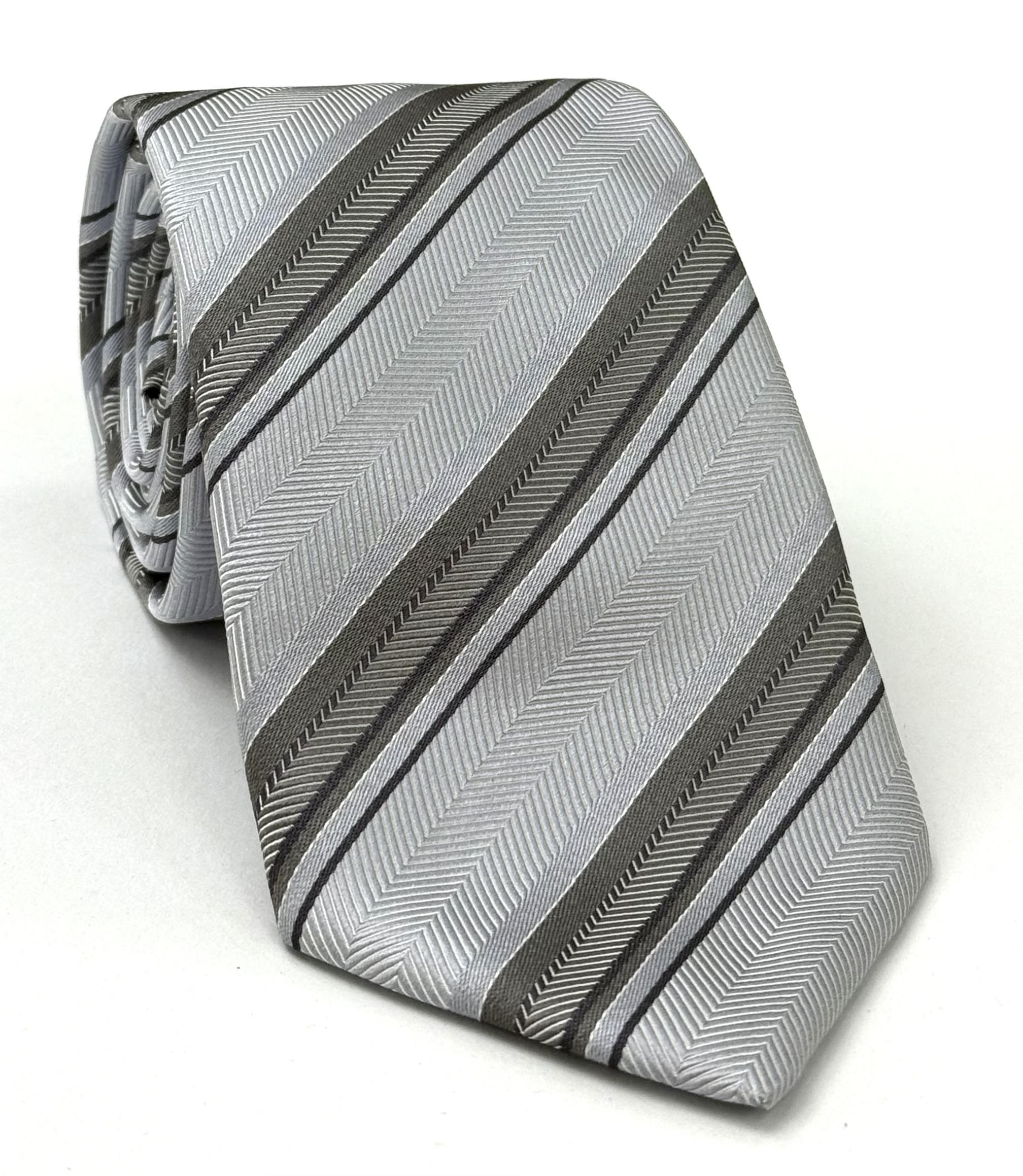 Charcoal Gray, Black On Silver Gray Formal/Wedding Silk Stripe Tie WDST-1
