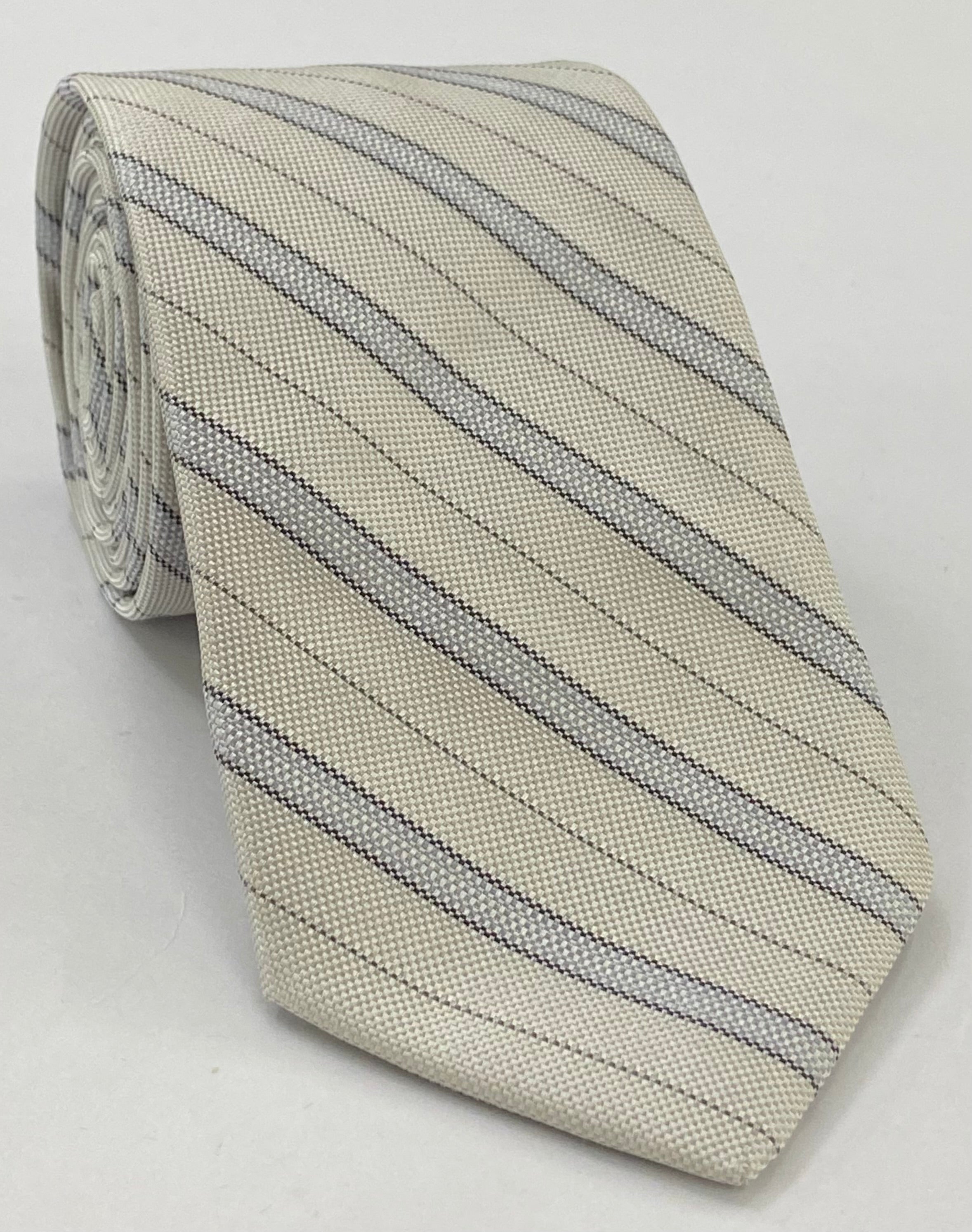 [Formal/Wedding Stripe Silk Tie #WDST-9 - Off-White, Silver, Charcoal Gray & Silver with a touch of Blue]