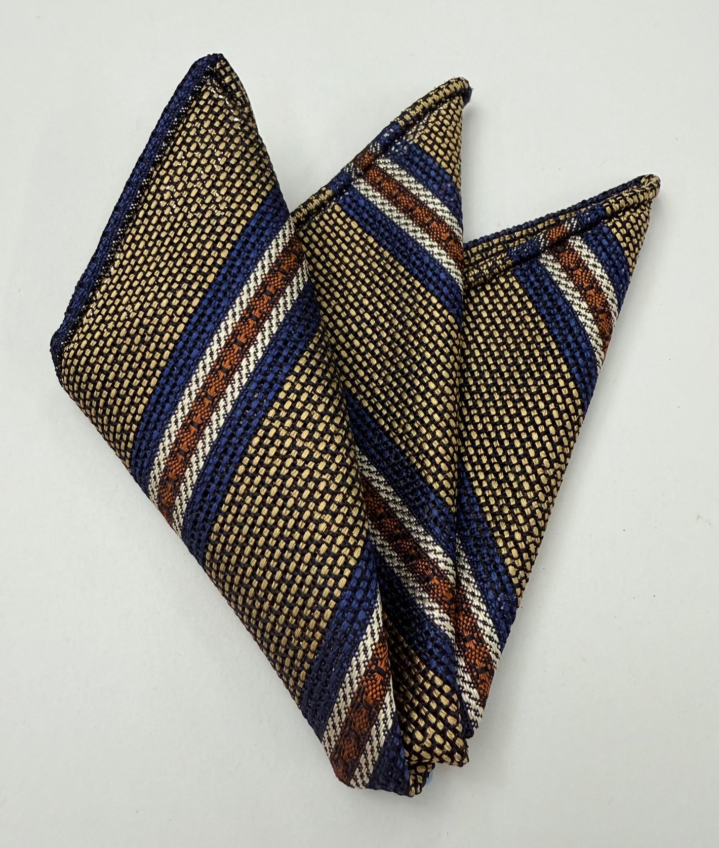 Navy Blue, Burnt Orange & Off-White on Gold Grenadine Fina and Grossa Stripe Silk Pocket Square #6