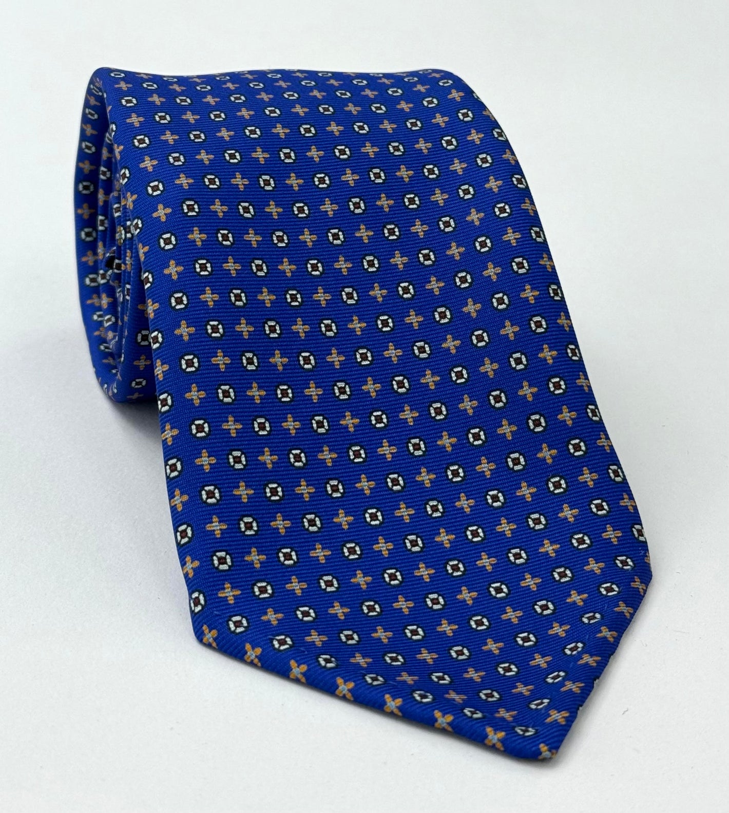 Yellow Gold, Sky Blue, Burgundy & Silver on Royal Blue Macclesfield Print Pattern Silk Tie MCT-489