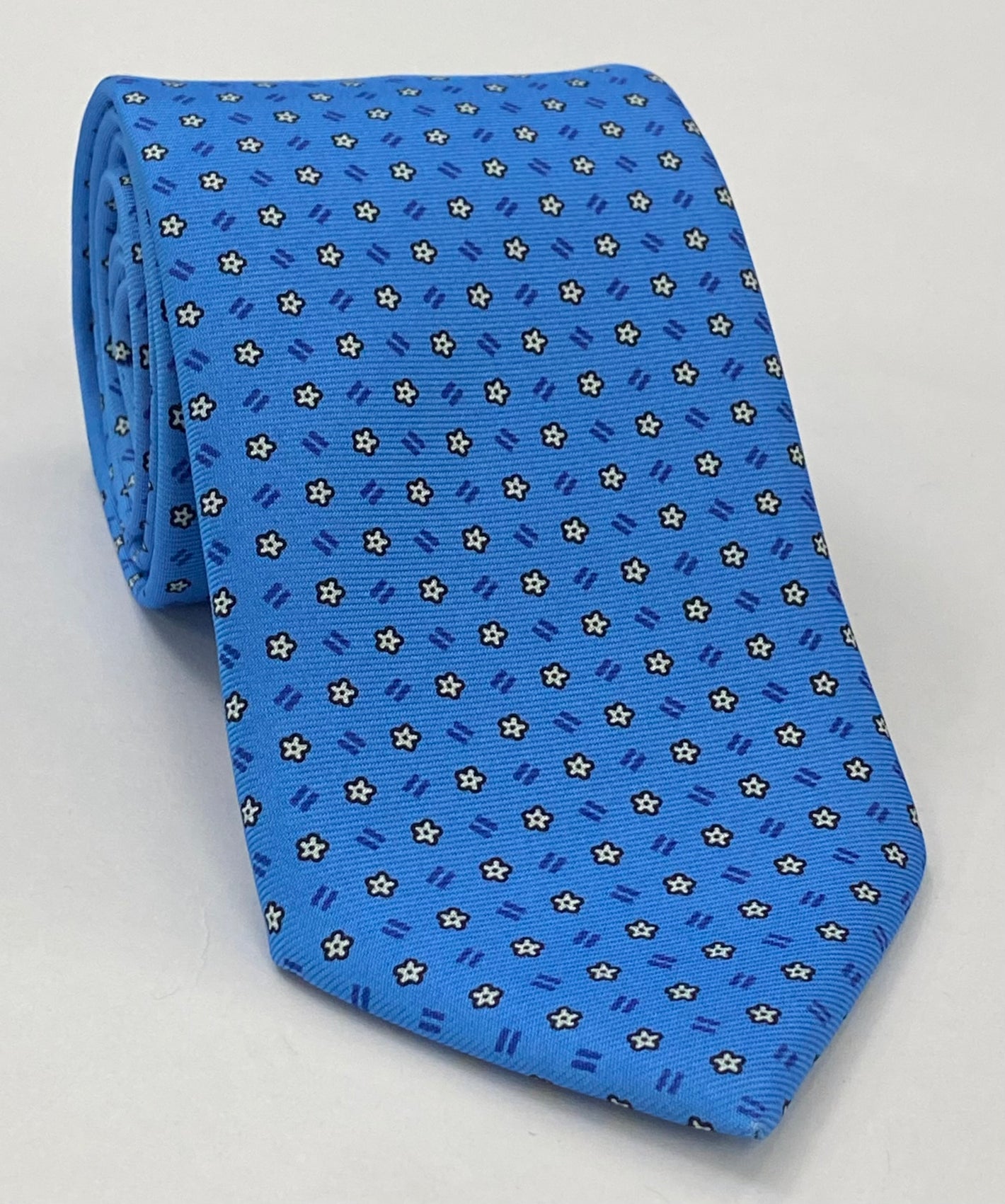 White, Blue & Black on Powder Blue Macclesfield Printed Silk Tie 110
