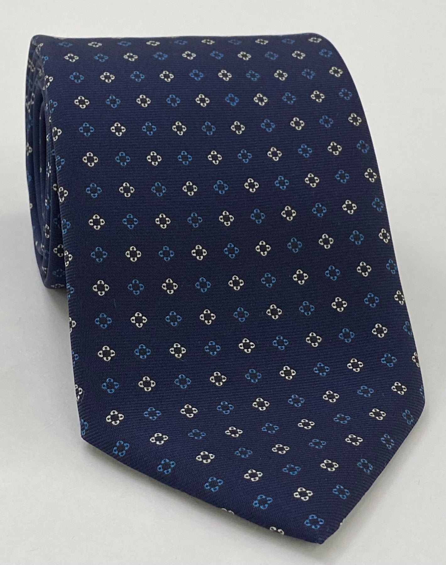 Ocean Blue & Off-White on Midnight Blue Macclesfield Print Pattern Silk Tie MCT-462