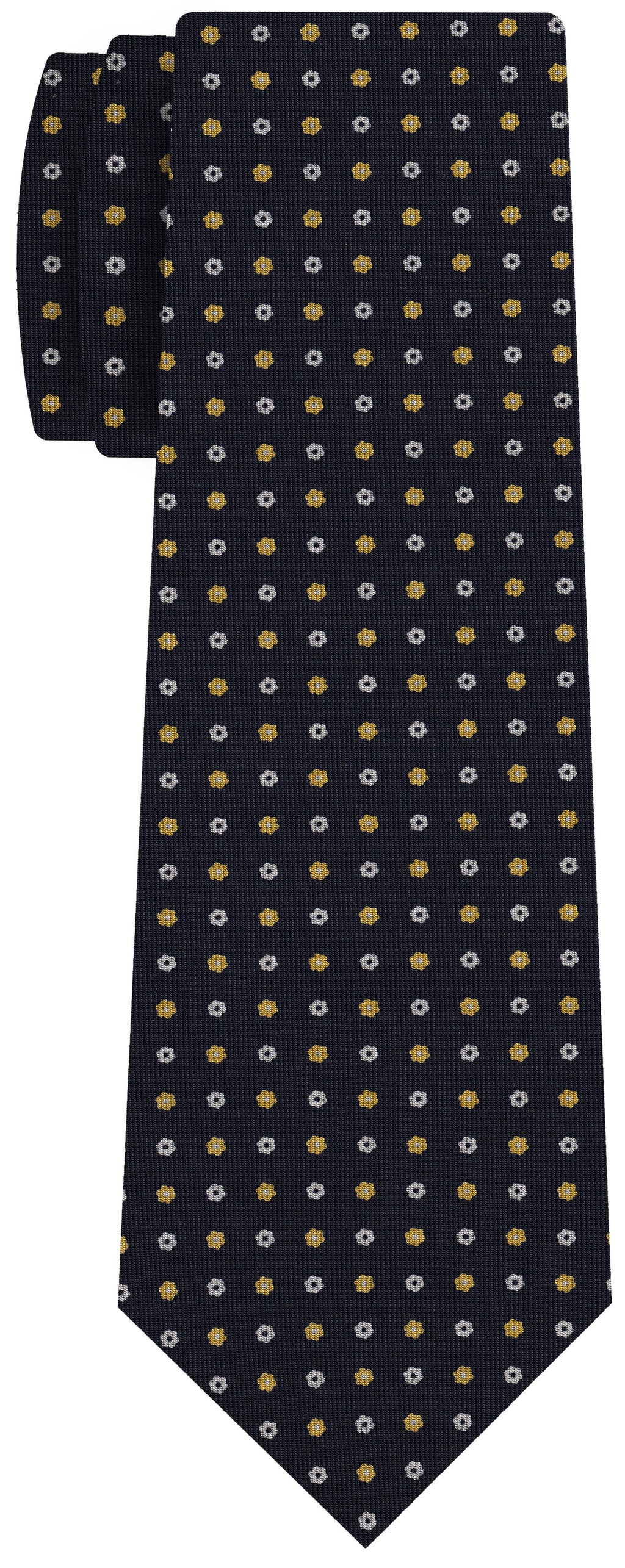 {[en]:White & Yellow Gold on Midnight Blue Macclesfield Print Pattern Silk Tie