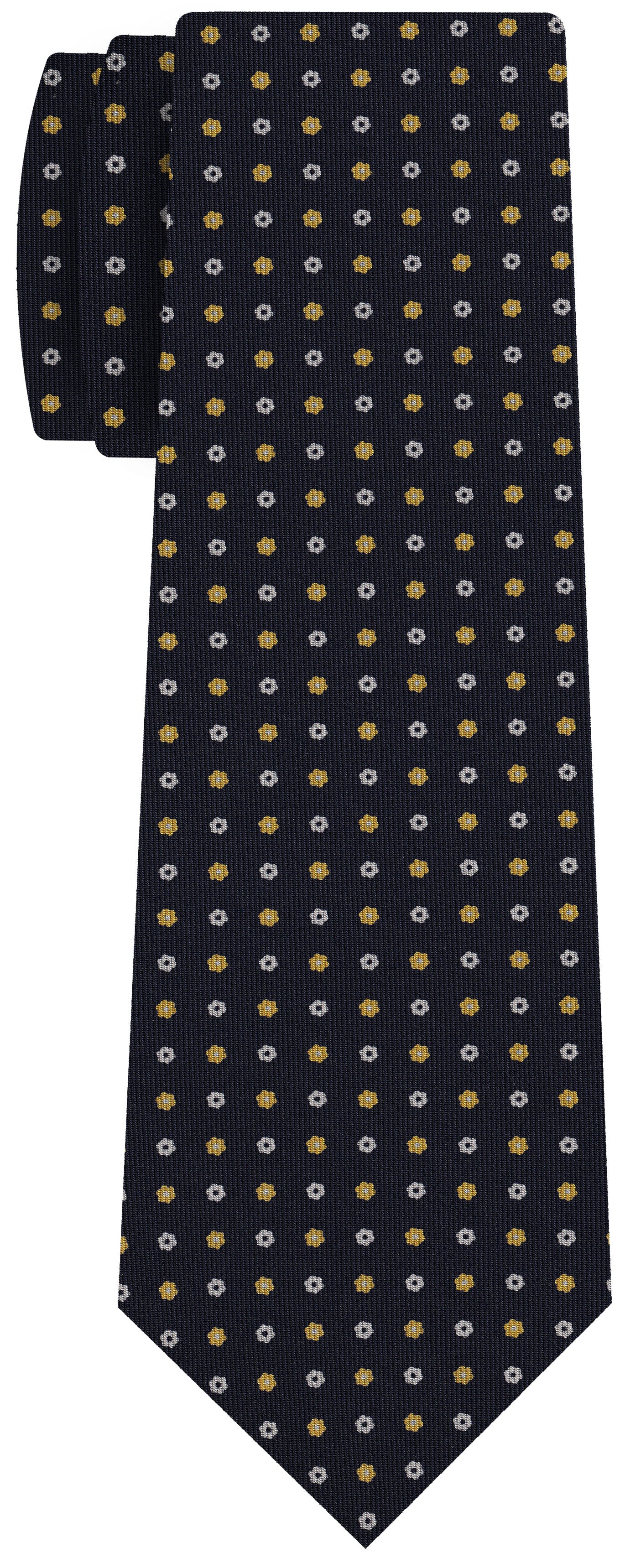 {[en]:White & Yellow Gold on Midnight Blue Macclesfield Print Pattern Silk Tie