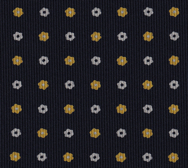 {[en]:White & Yellow Gold on Midnight Blue Macclesfield Print Pattern Silk Tie