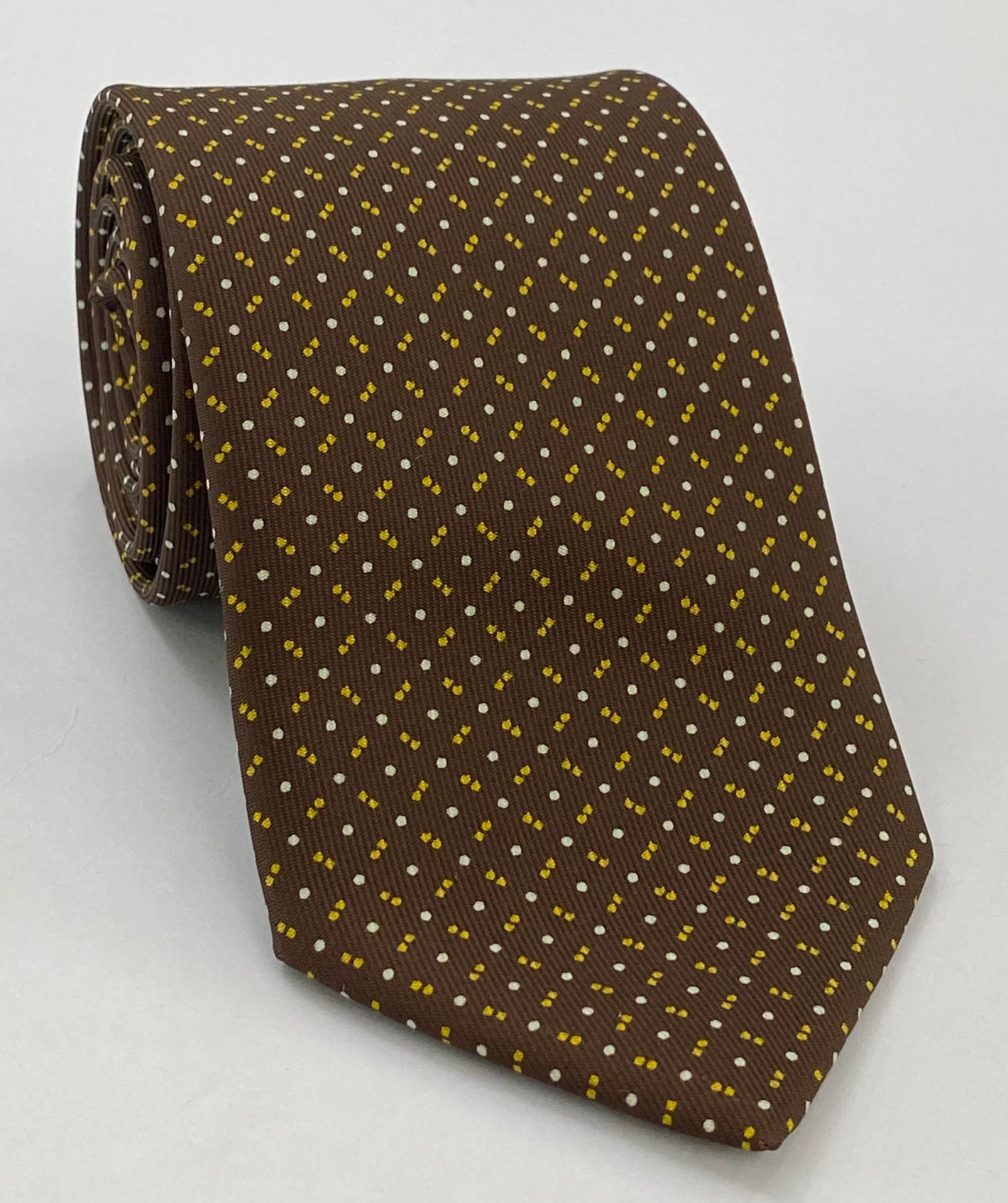 Yellow Gold & Off-White on Chocolate Macclesfield Print Pattern Silk Tie MCT-508