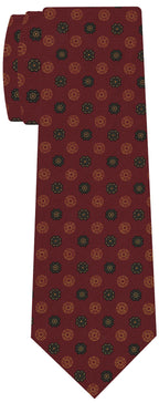 {[en]:Sage, Dark Olive Green, Yellow Gold on Dark Red Macclesfield Printed Silk Tie