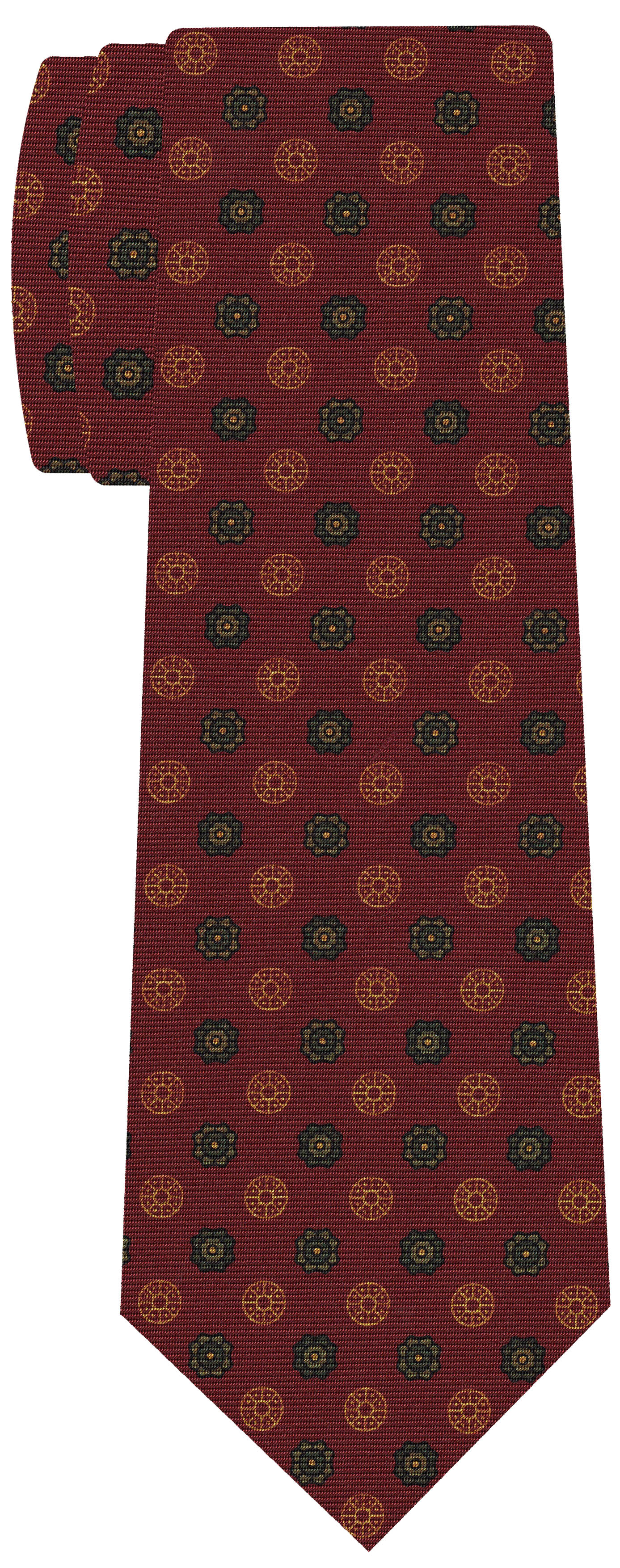{[en]:Sage, Dark Olive Green, Yellow Gold on Dark Red Macclesfield Printed Silk Tie