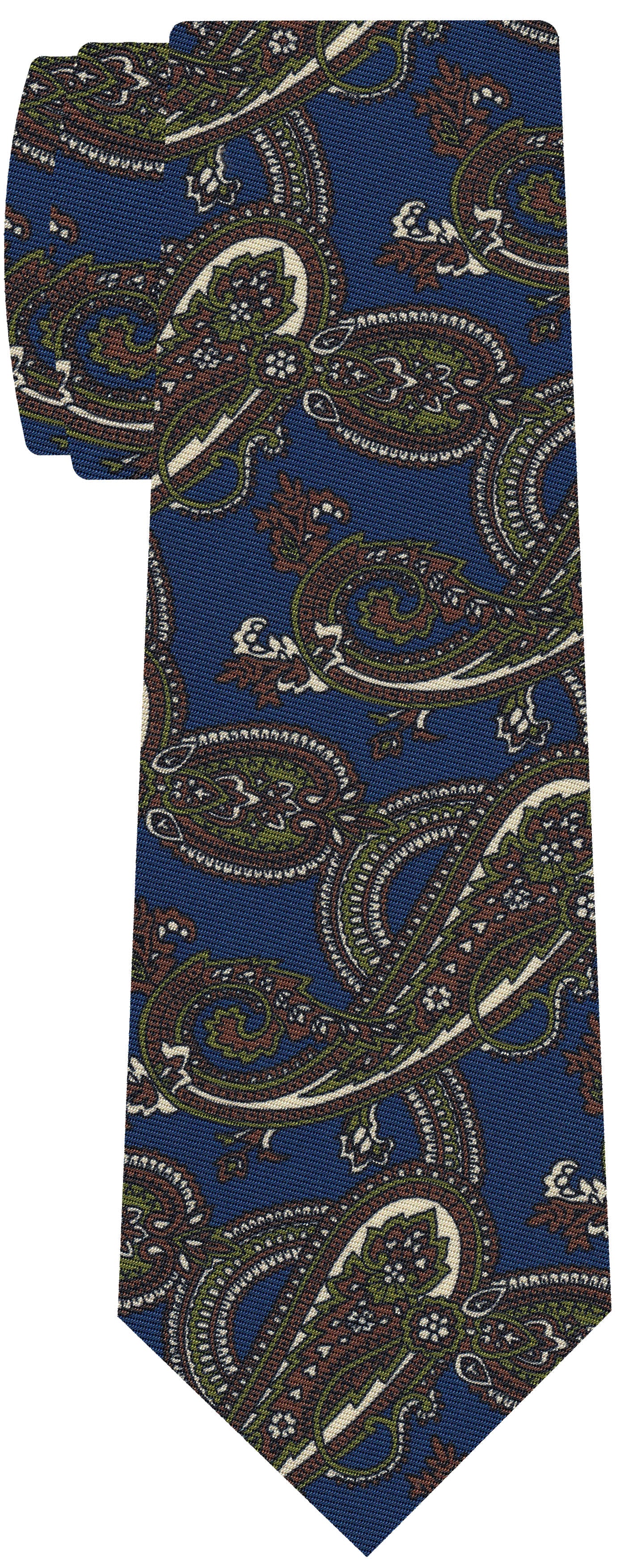 {[en]:Olive Green, Off-White & Chocolate on Blue Macclesfield Printed Silk Tie