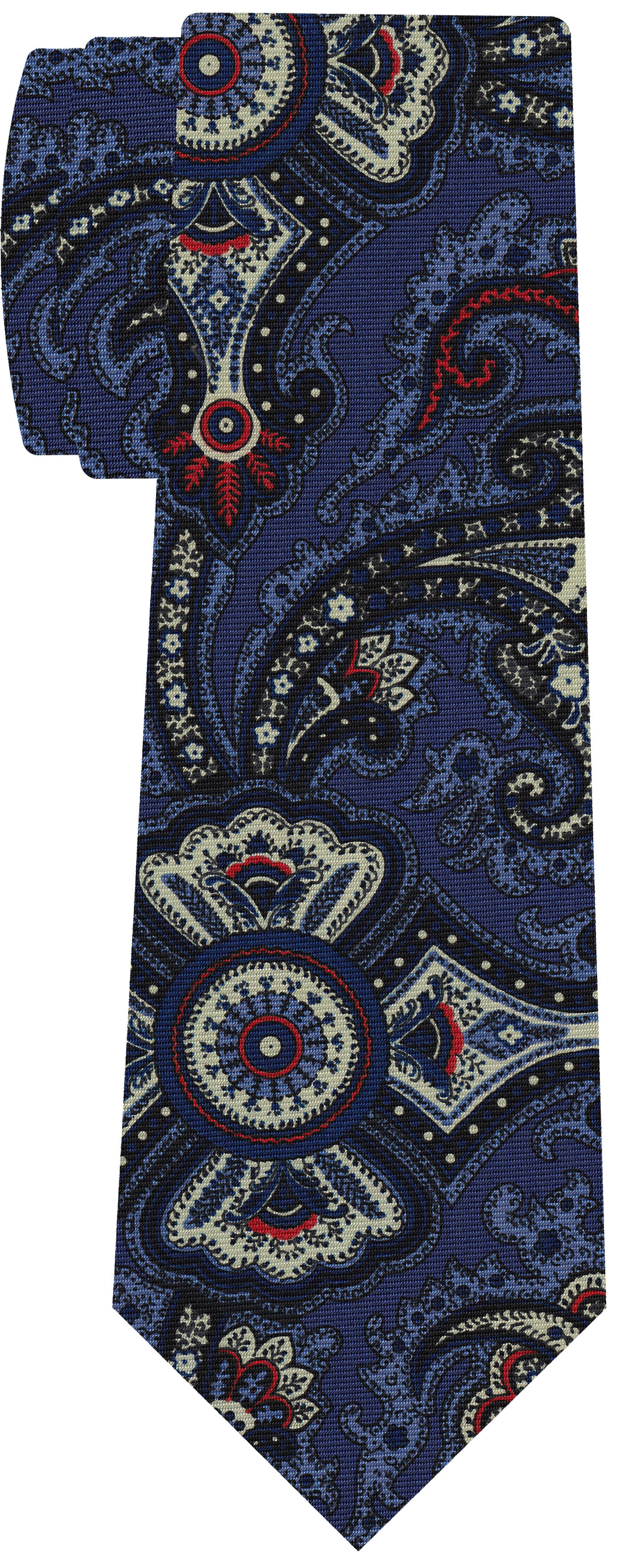 {[en]:Off-White, Red, Light Blue & Midnight Blue on Purple Blue Macclesfield Printed Silk Tie