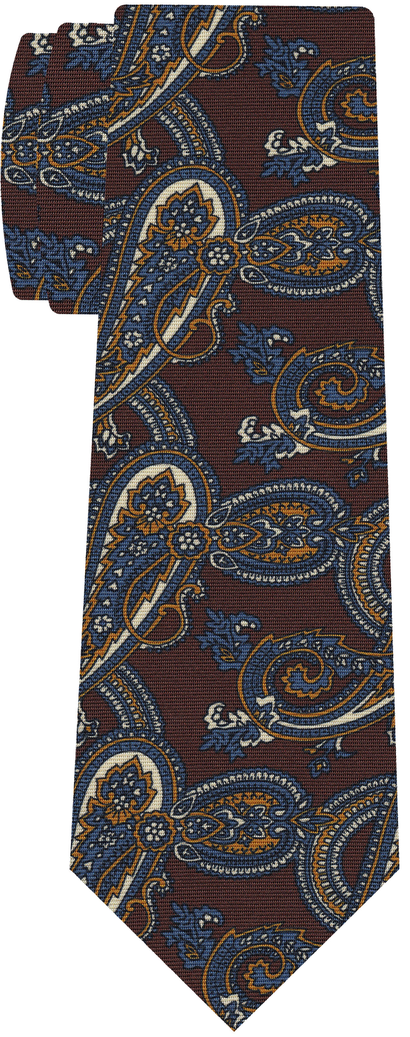 {[en]:Off-White, Yellow Gold & Blue on Chocolate Macclesfield Printed Silk Tie