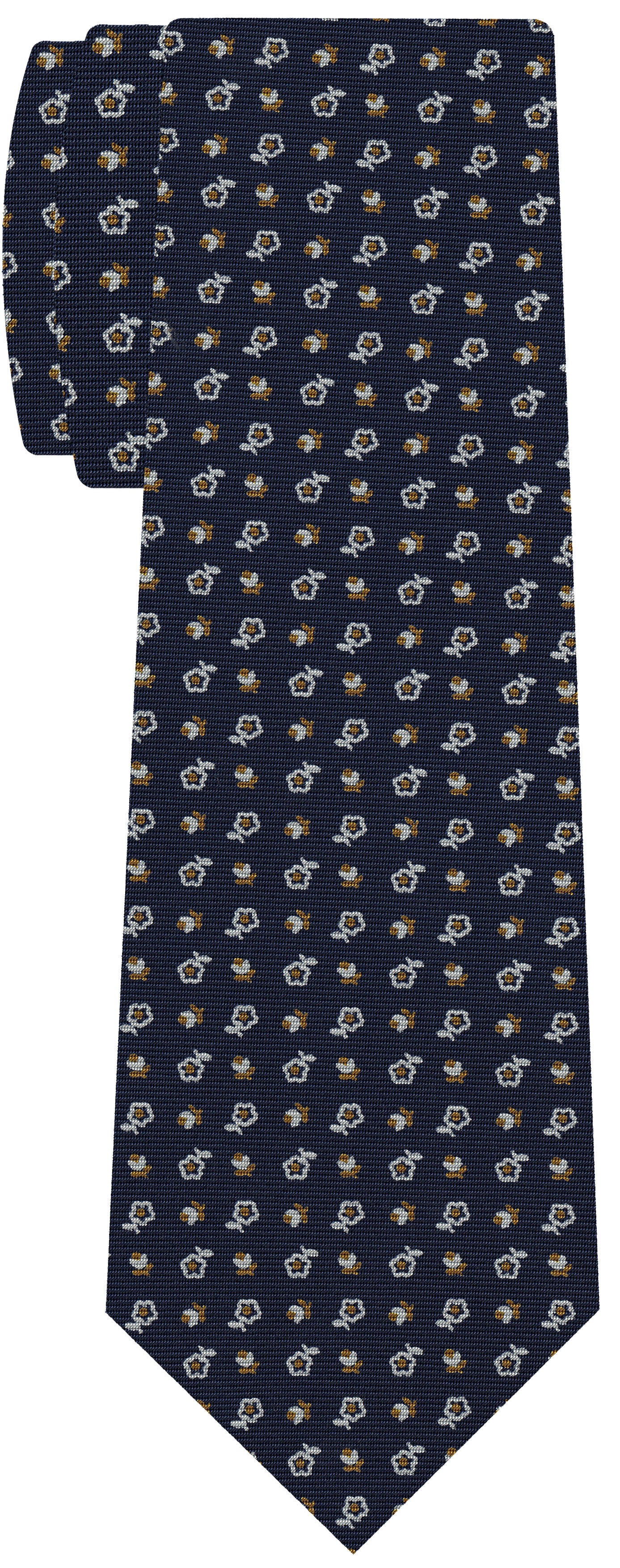 {[en]:White & Dark Yellow Gold on Navy Blue Macclesfield Printed Silk Tie