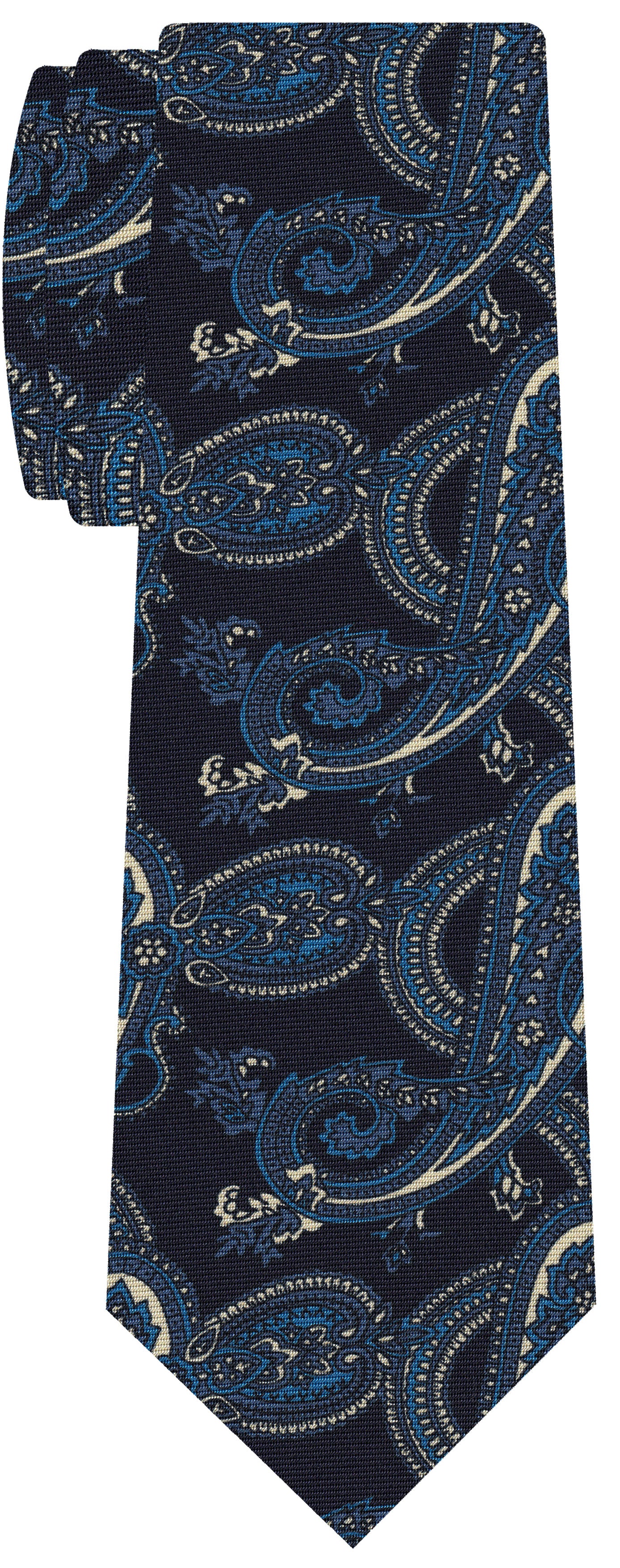 {[en]:Sky Blue, Blue & Off-White on Dark Navy Blue Macclesfield Printed Silk Tie
