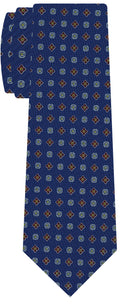 {[en]:Dark Red, Olive Green, Blue & White on Blue Macclesfield Printed Silk Tie