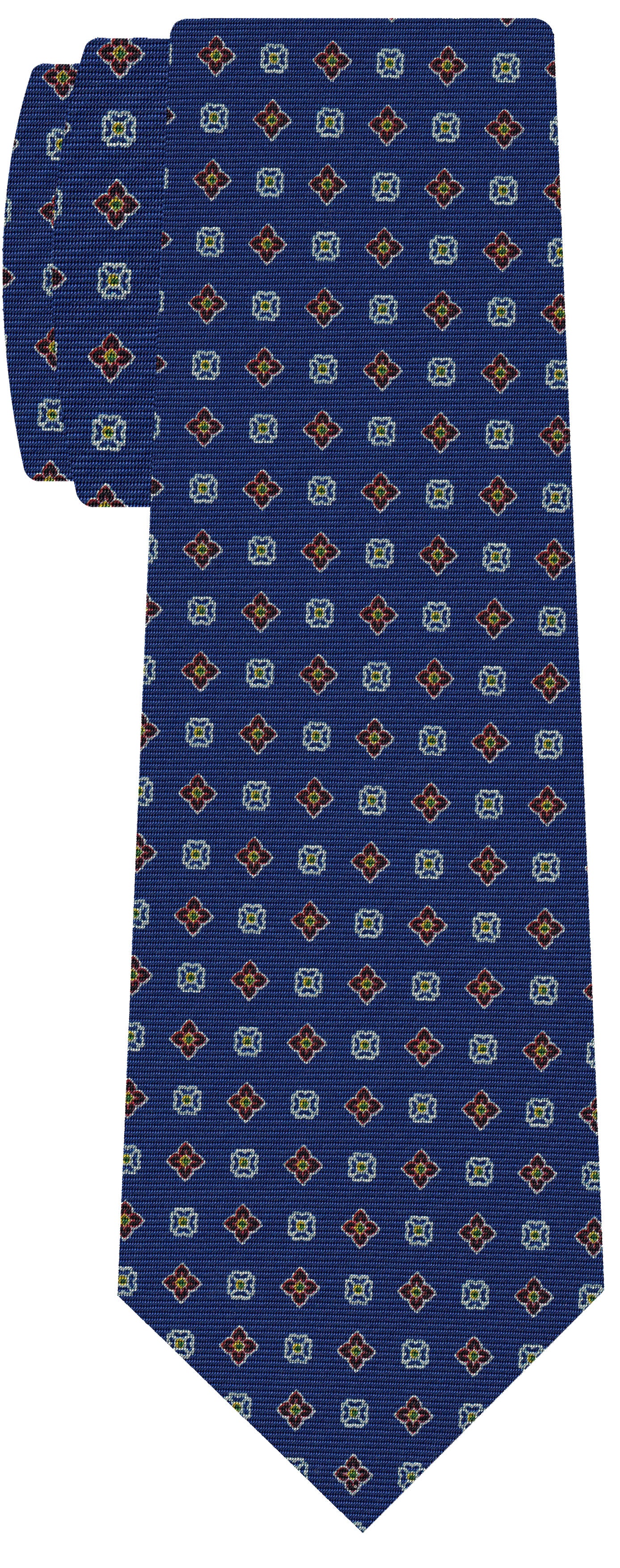 {[en]:Dark Red, Olive Green, Blue & White on Blue Macclesfield Printed Silk Tie