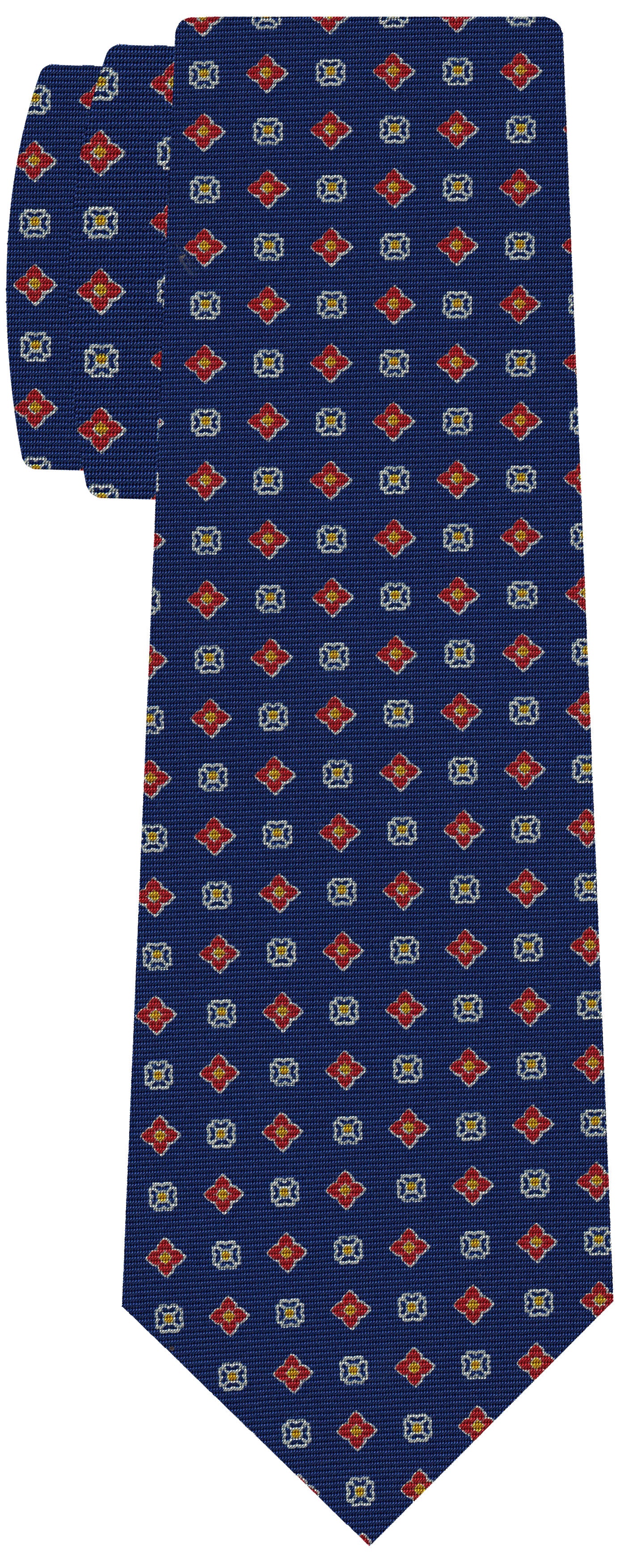 {[en]:Red, Yellow Gold, Blue & White on Royal Blue Macclesfield Printed Silk Tie