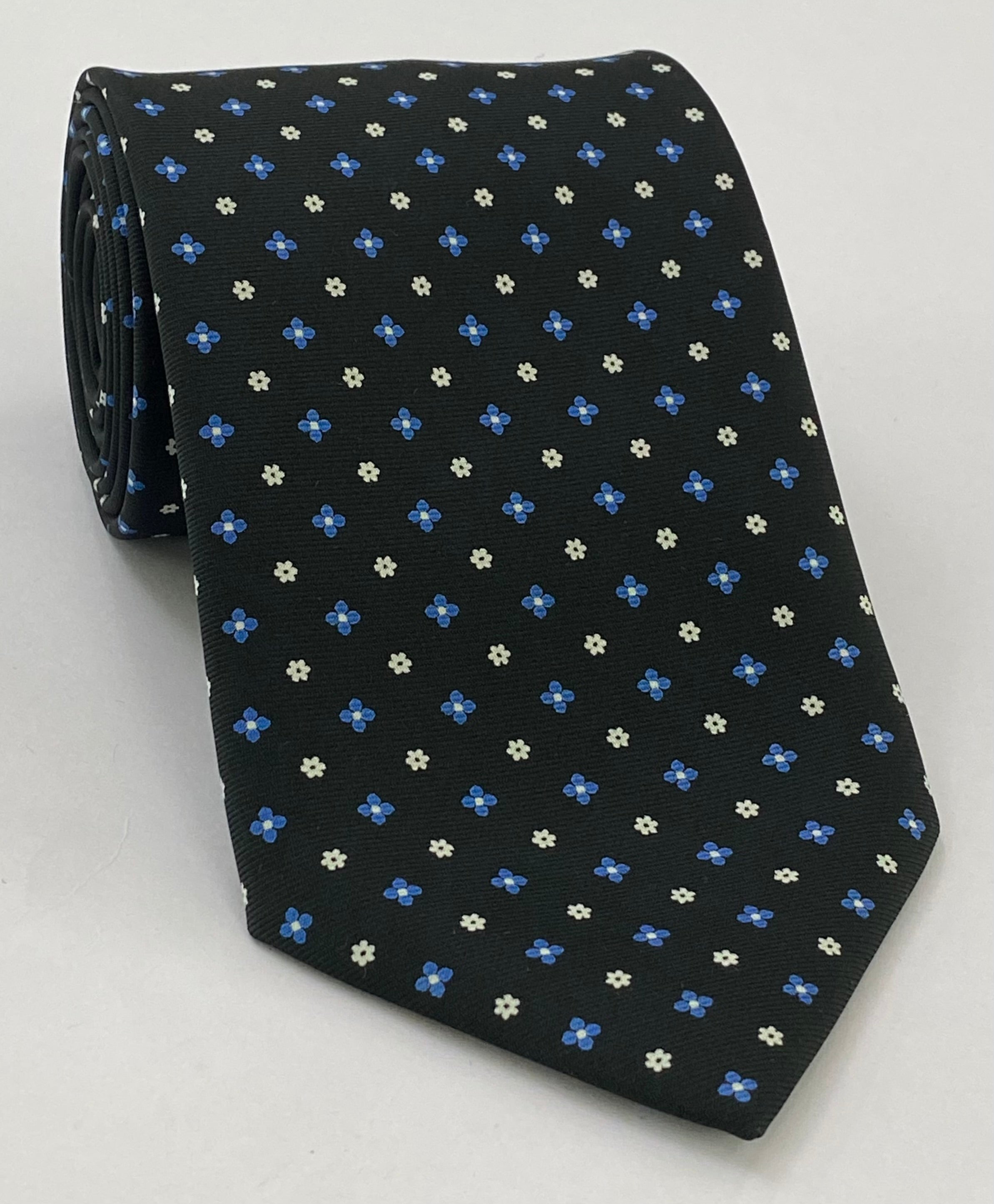 Sky Blue & White on Midnight Blue Print Pattern Silk Tie MCT-589