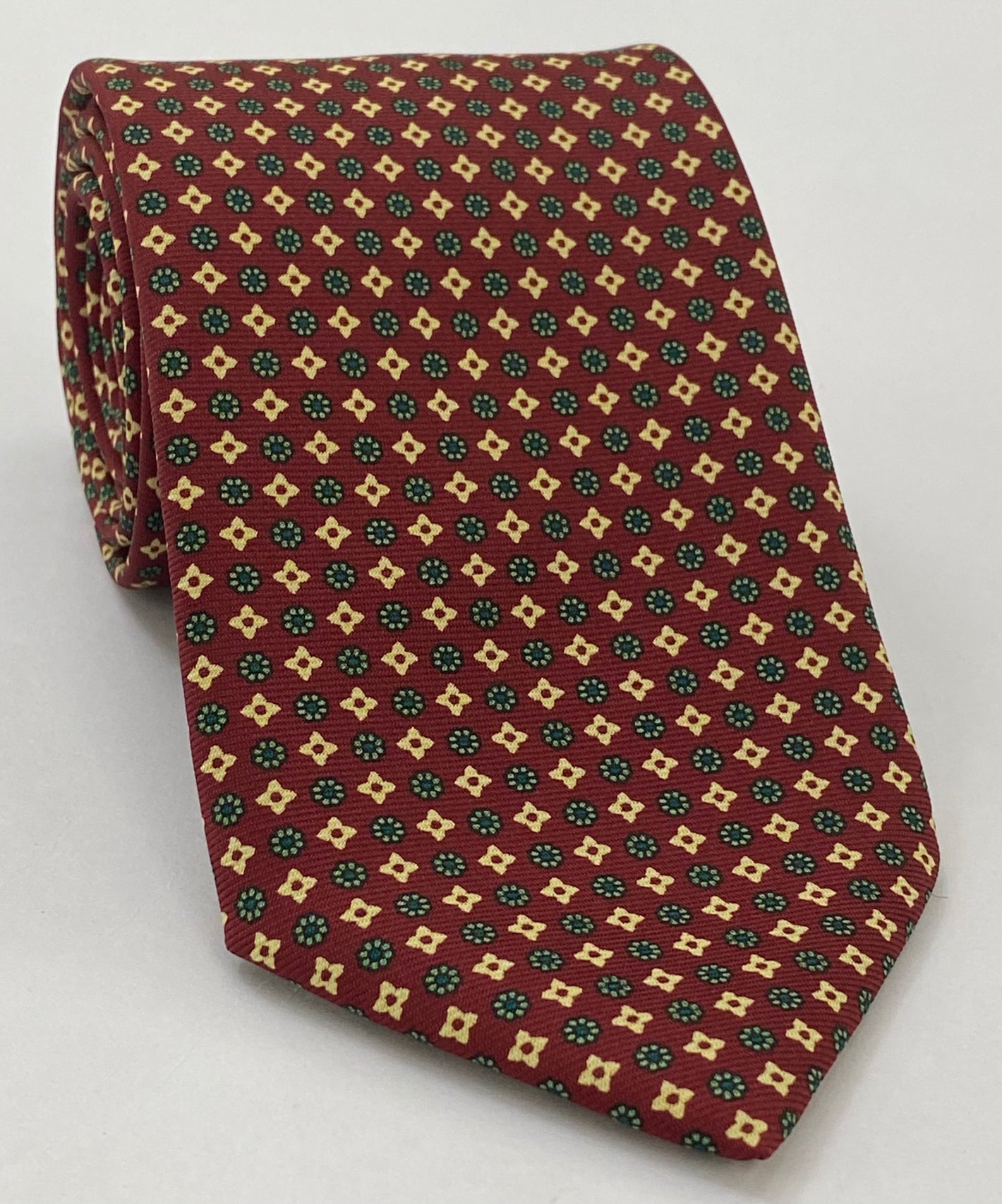 Macclesfield Printed Silk Tie Light Gold, Olive Green & Forest Green on Dark Red MCT-675