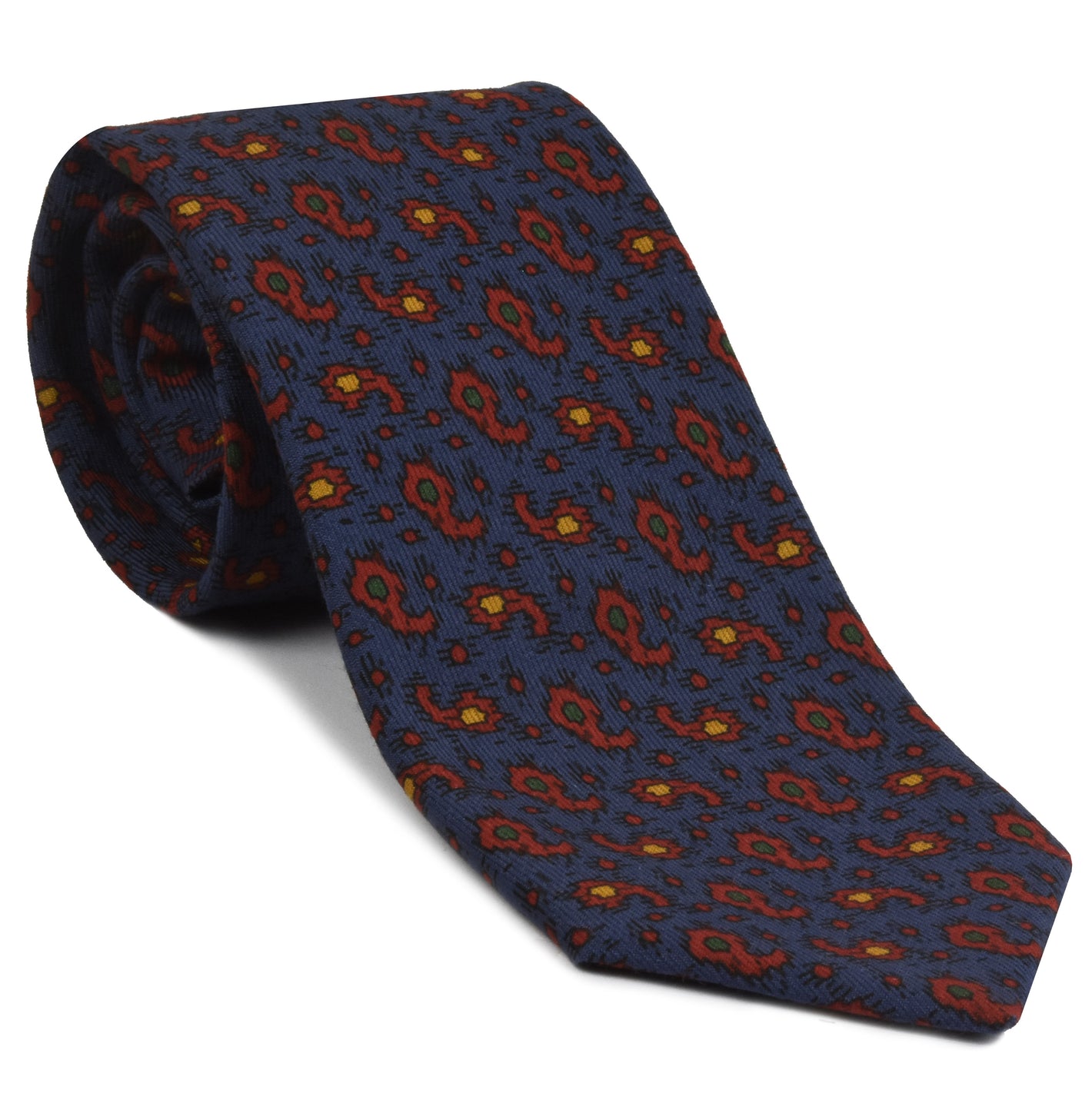 {[en]:Red, Orange, Blue & Green on Slate Blue Macclesfield Printed Wool Tie