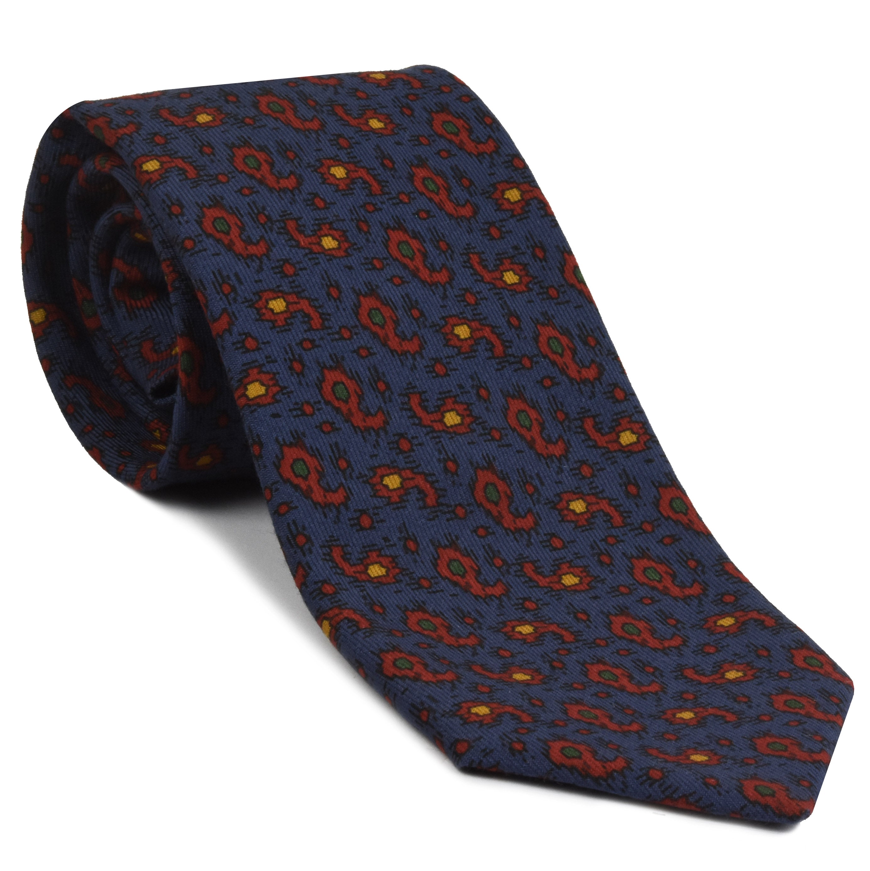 {[en]:Red, Orange, Blue & Green on Slate Blue Macclesfield Printed Wool Tie