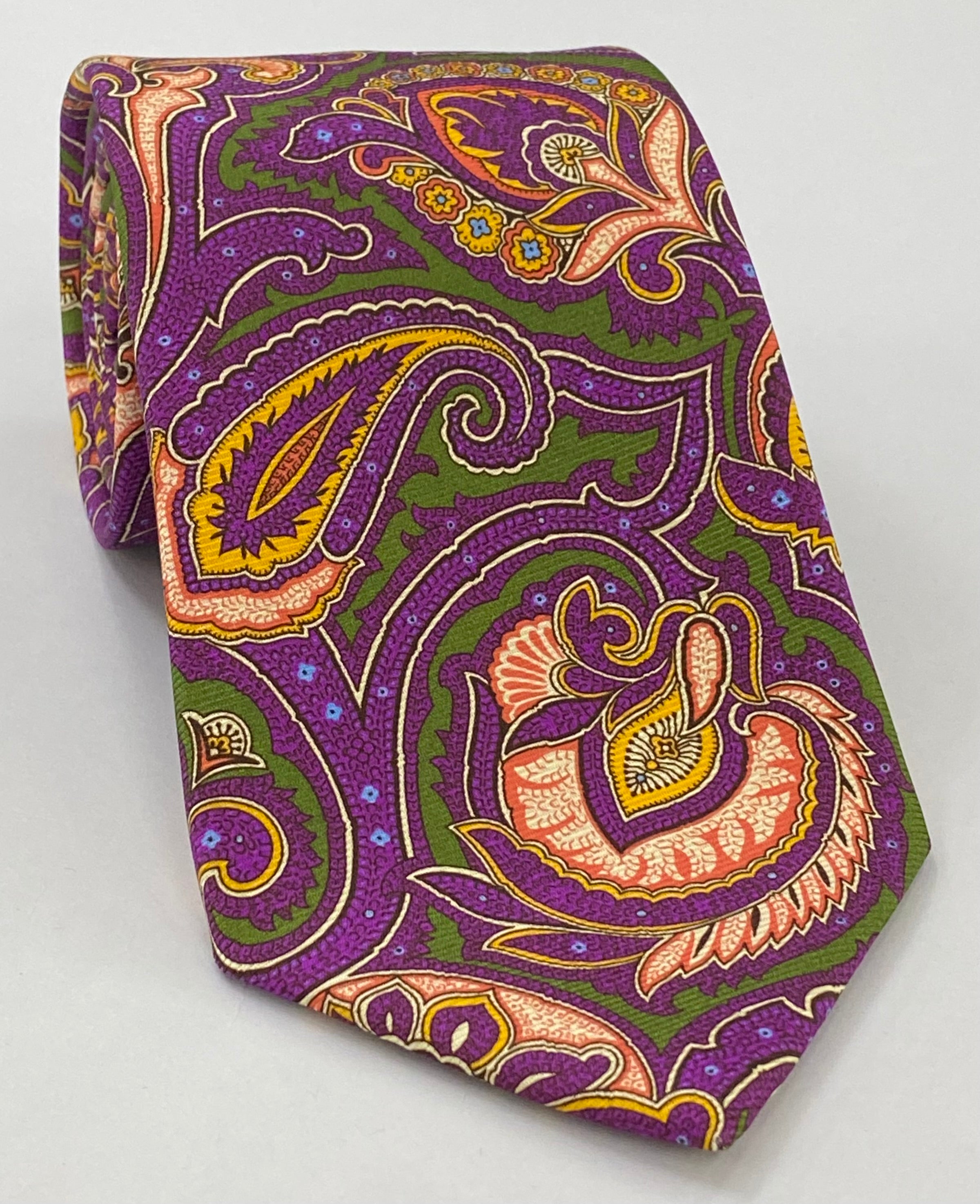 Olive Green & Pink on Purple Macclesfield Printed Silk Tie MCT-739