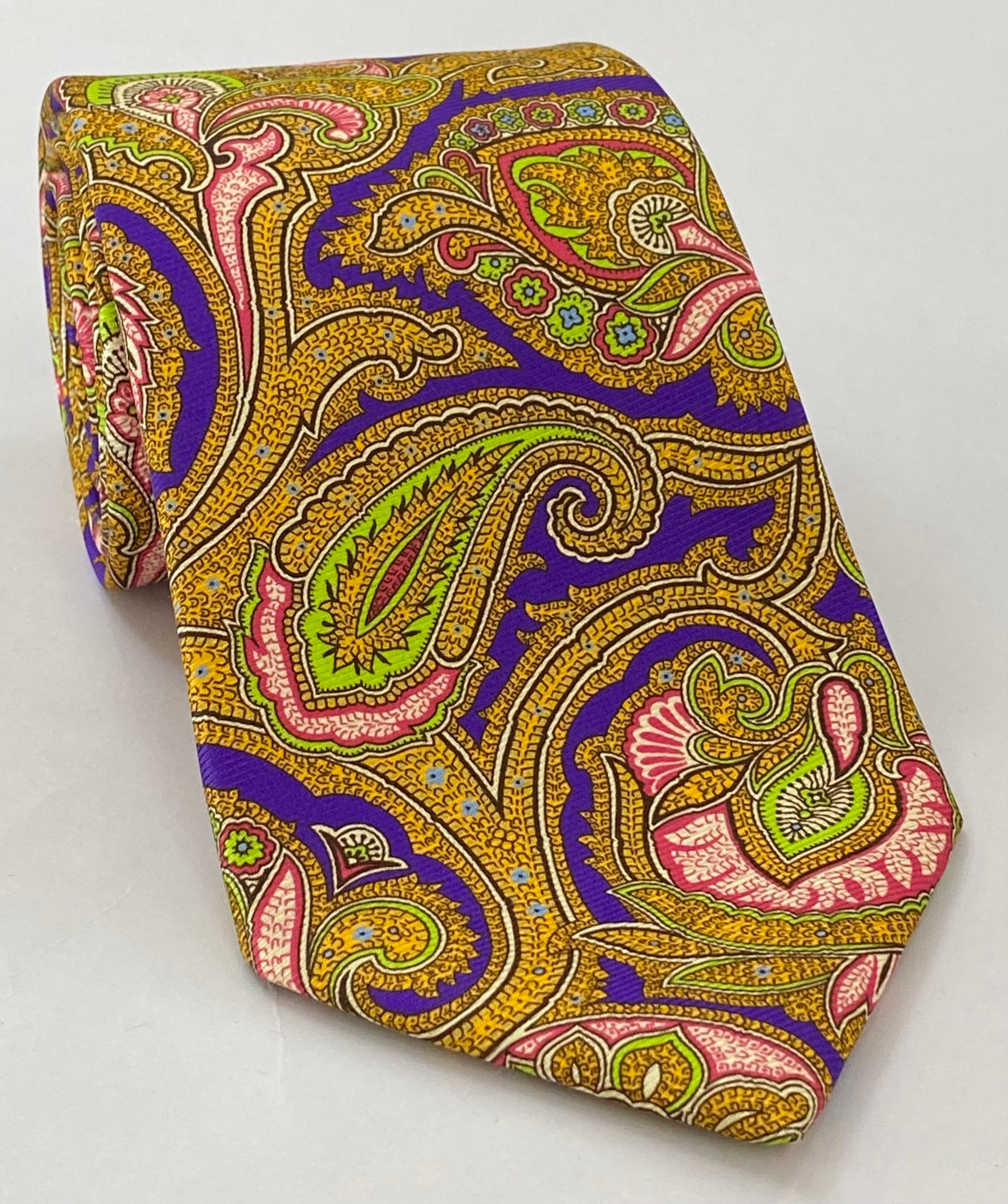 Purple on Yellow Macclesfield Printed Silk Tie MCT-743