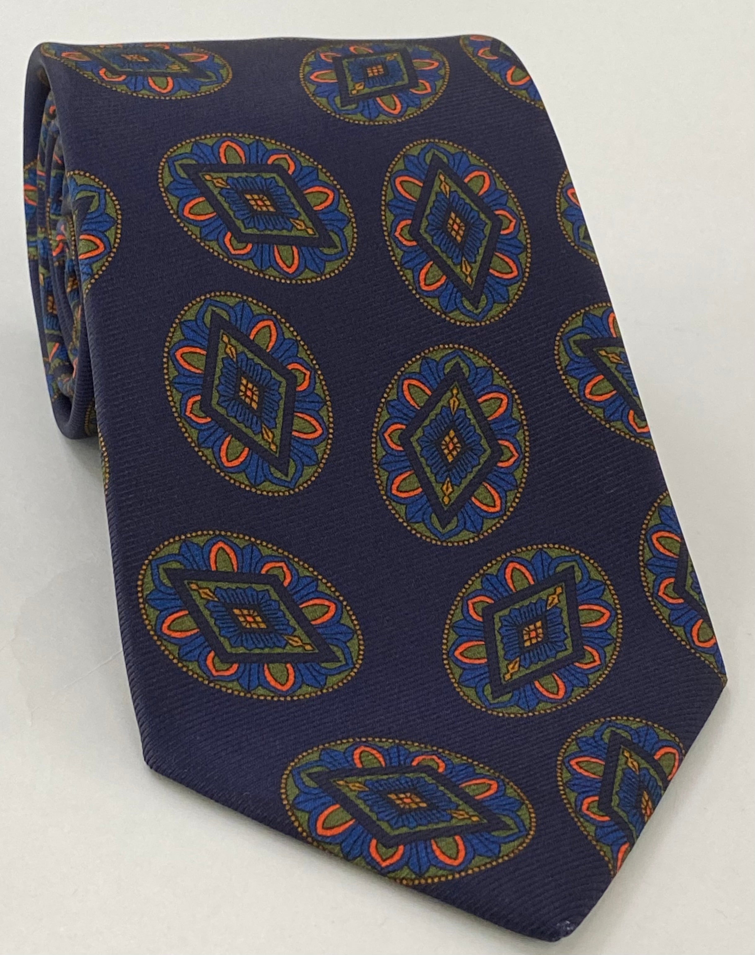 藍橙搭配藏青 Macclesfield 印花絲質領帶 MCT-747